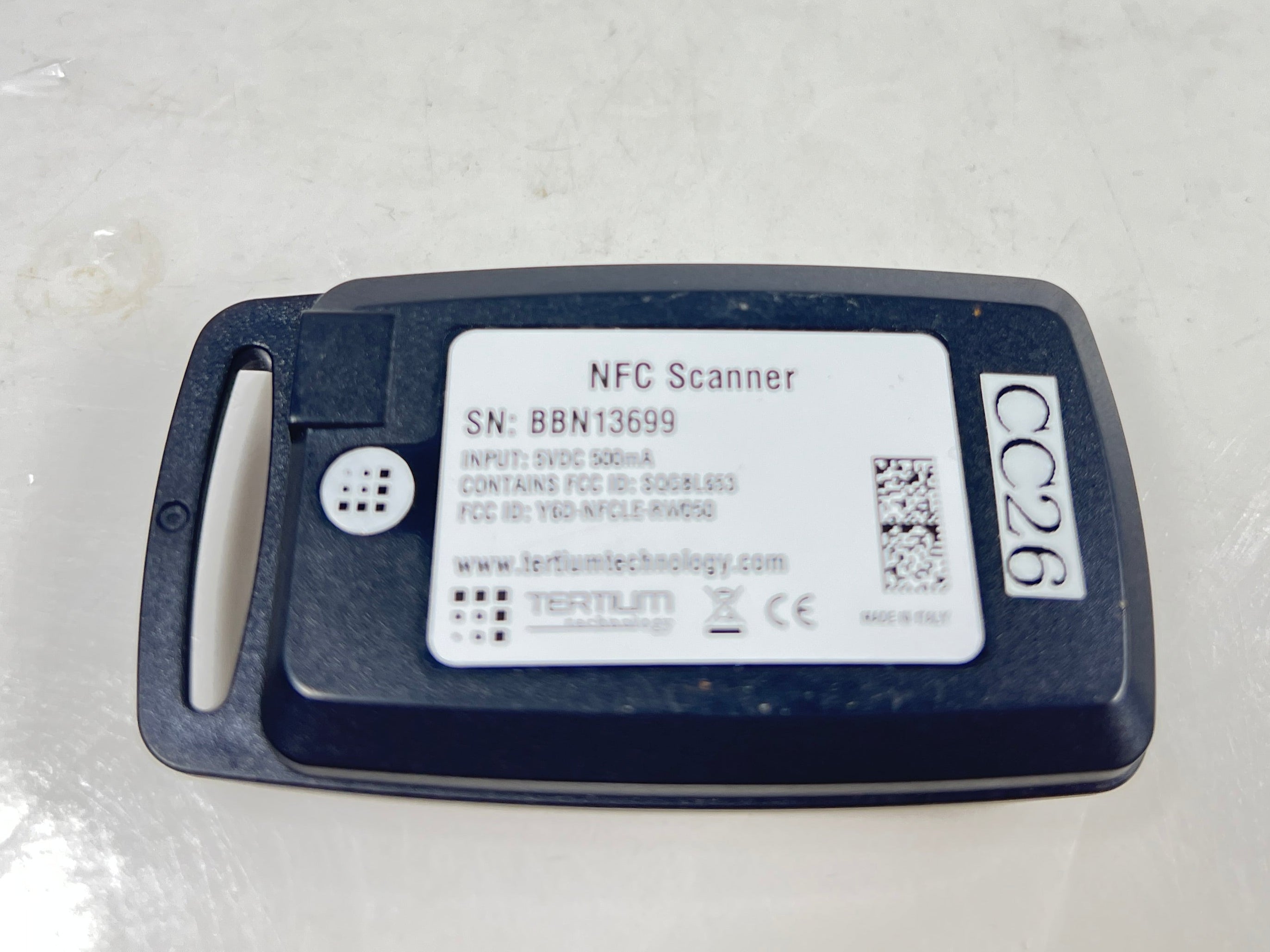 Compact Scanfob NFC-BB2e NFC scanner by Serialio with red target logo and label details