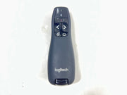Black Logitech R400 wireless presentation remote with laser pointer and slideshow controls shown from multiple angles.