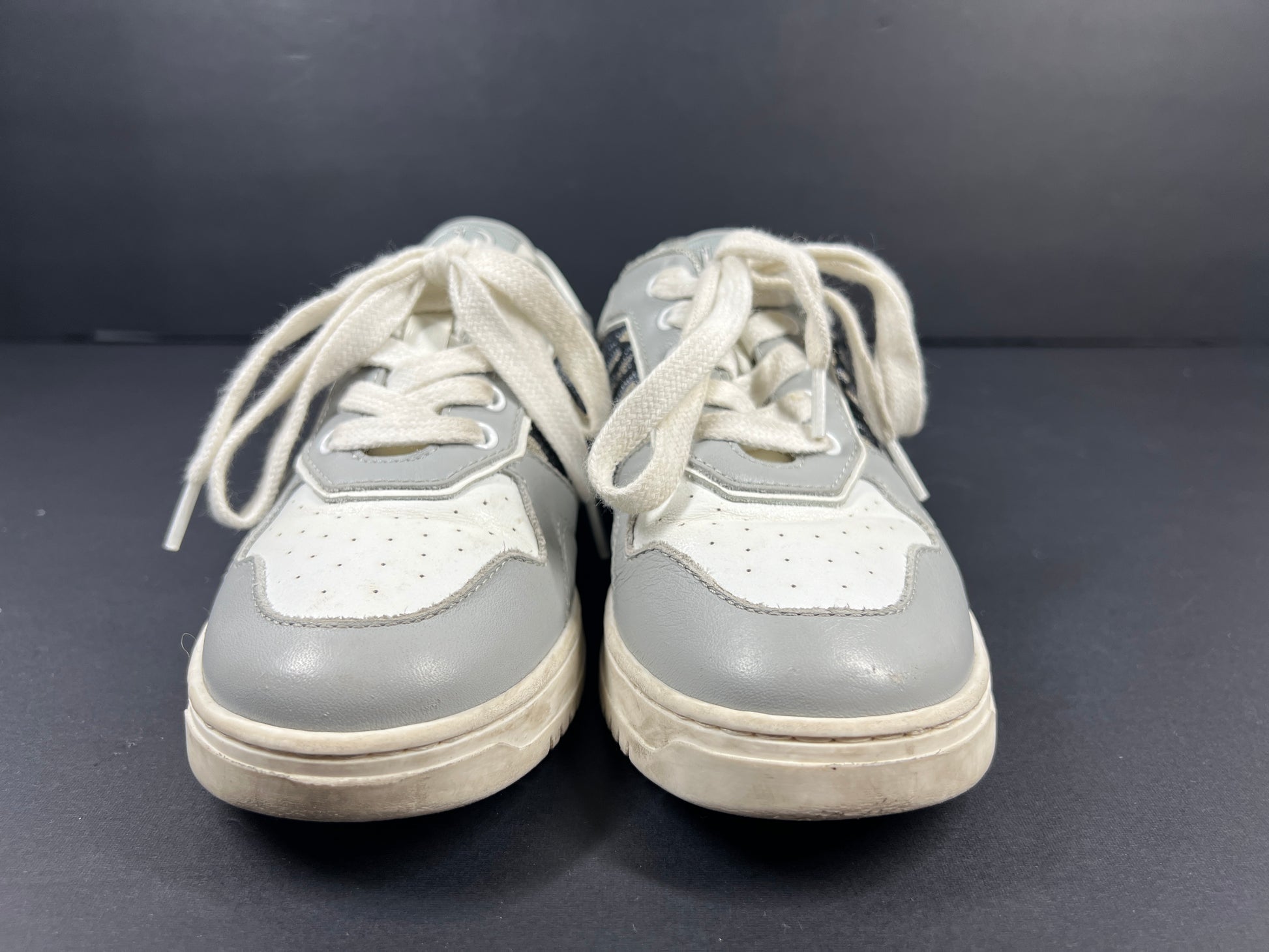 A pair of fashionable grey and white Dior women's sneakers.