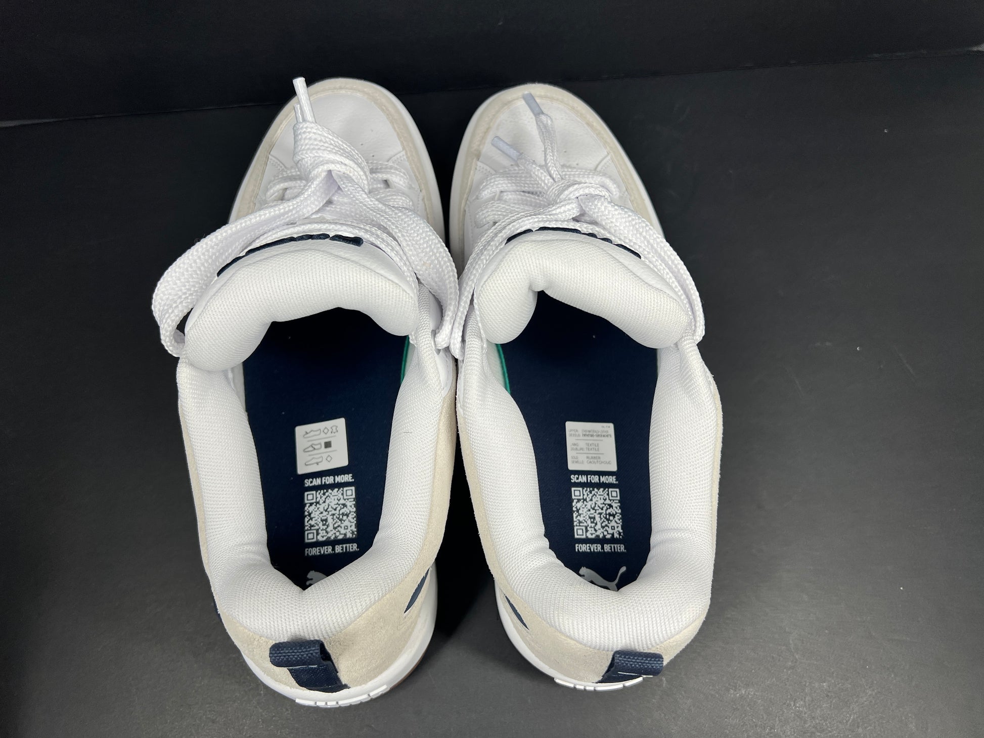 A pair of Puma sneakers in white and navy color scheme
