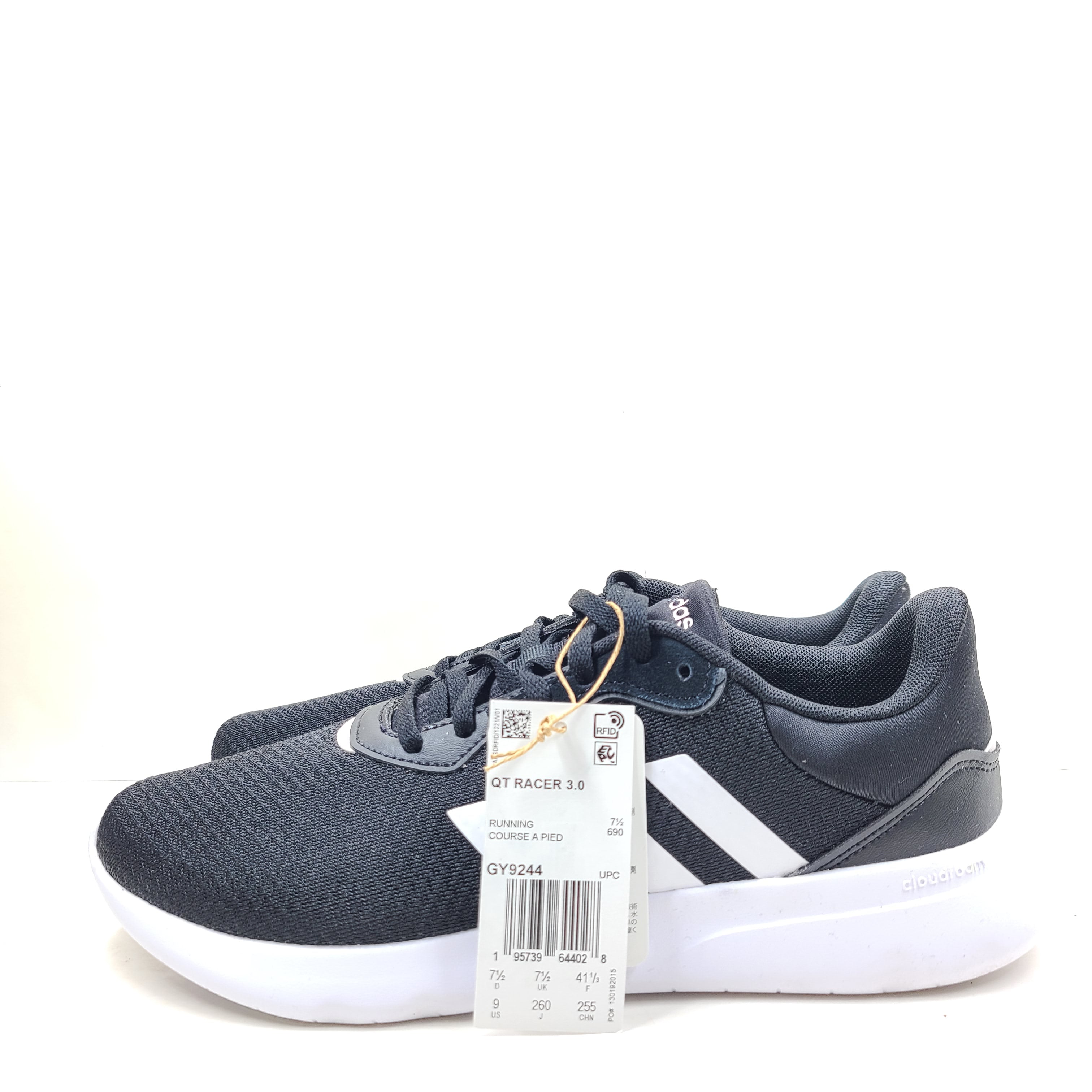 A pair of women's Adidas QT Racer 3.0 running shoes in size 7.5 with cloudfoam sole and END PLASTIC WASTE detail.