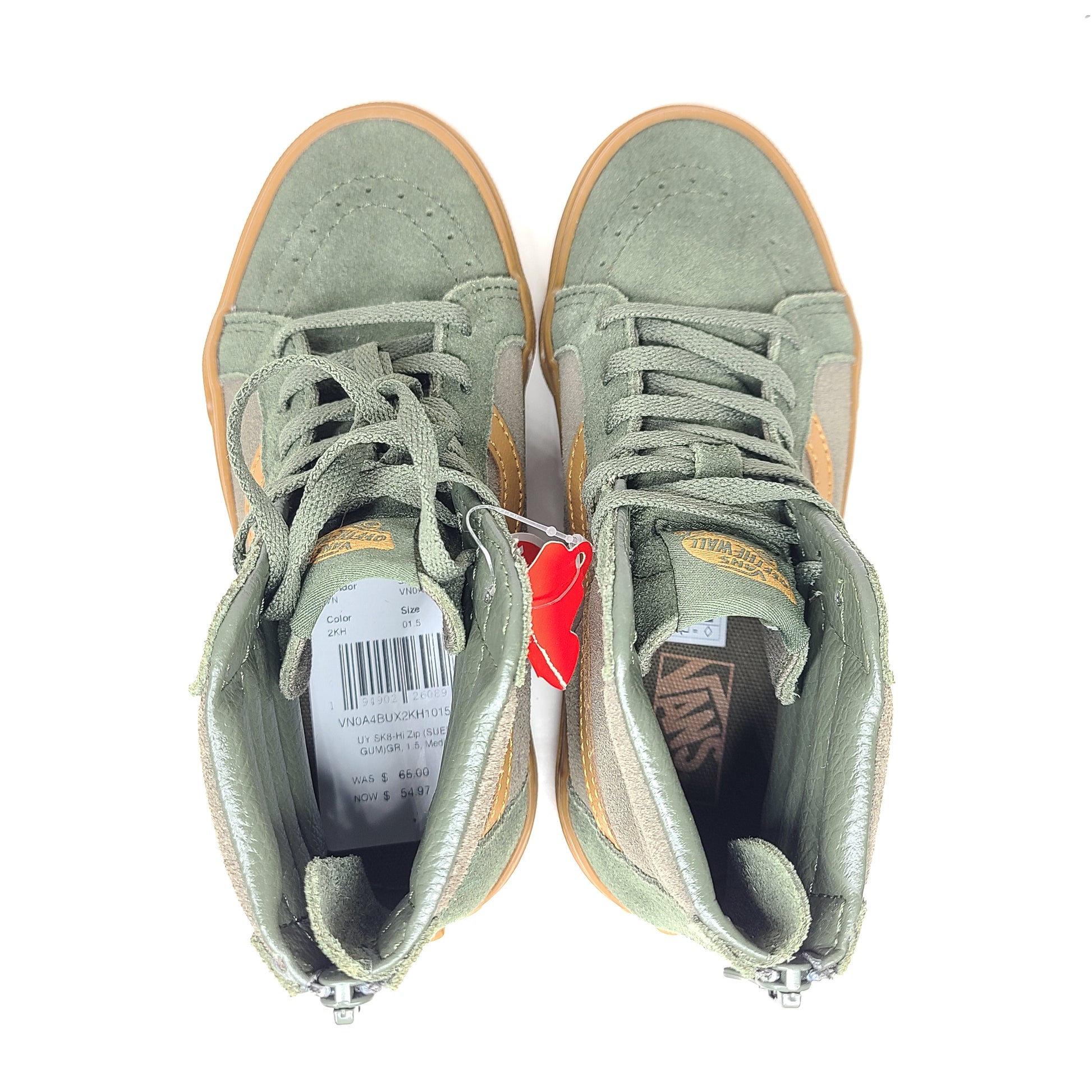 A pair of Vans Off the Wall High-Top Sneakers in Khaki and Gum for Kids size 1.5