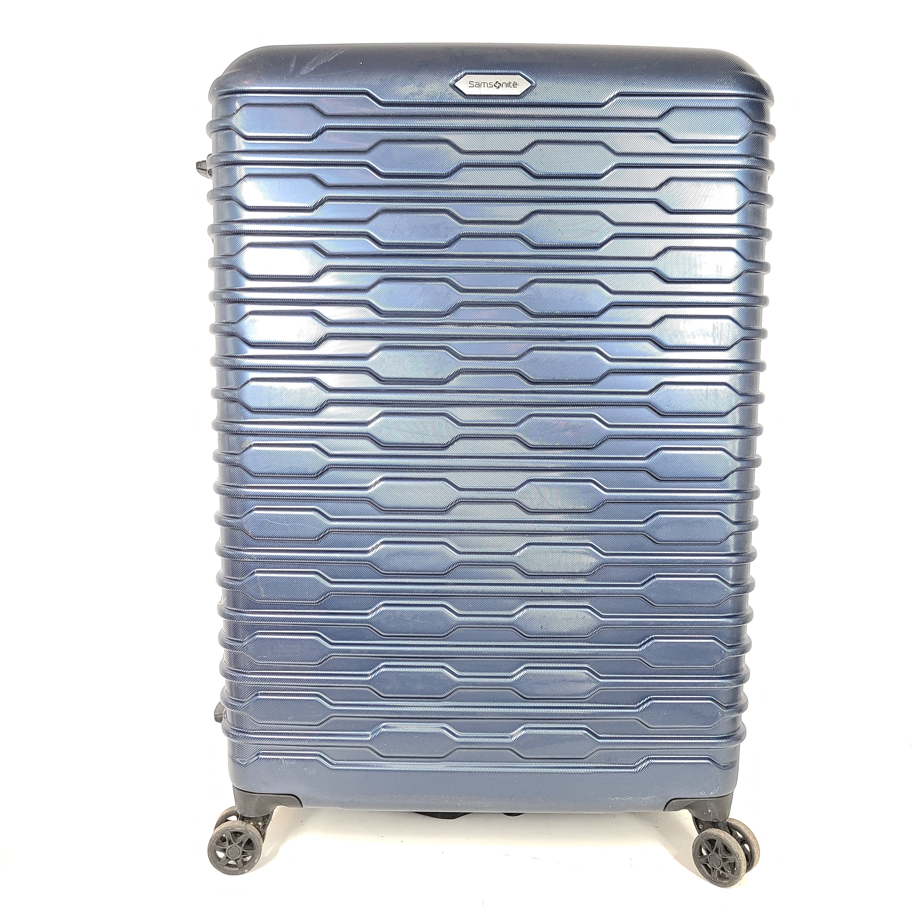 A stylish blue Samsonite spinner luggage