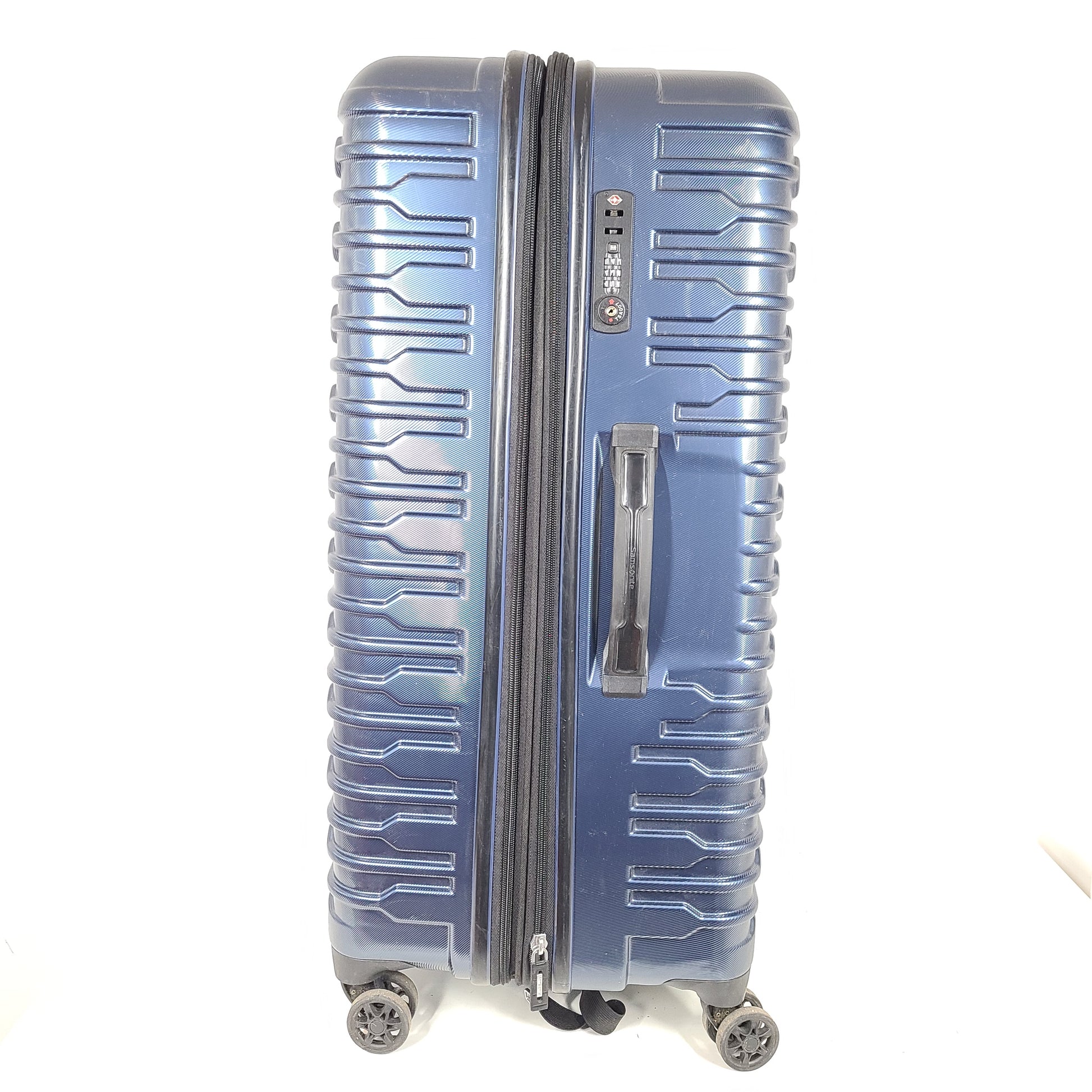 A stylish blue Samsonite spinner luggage