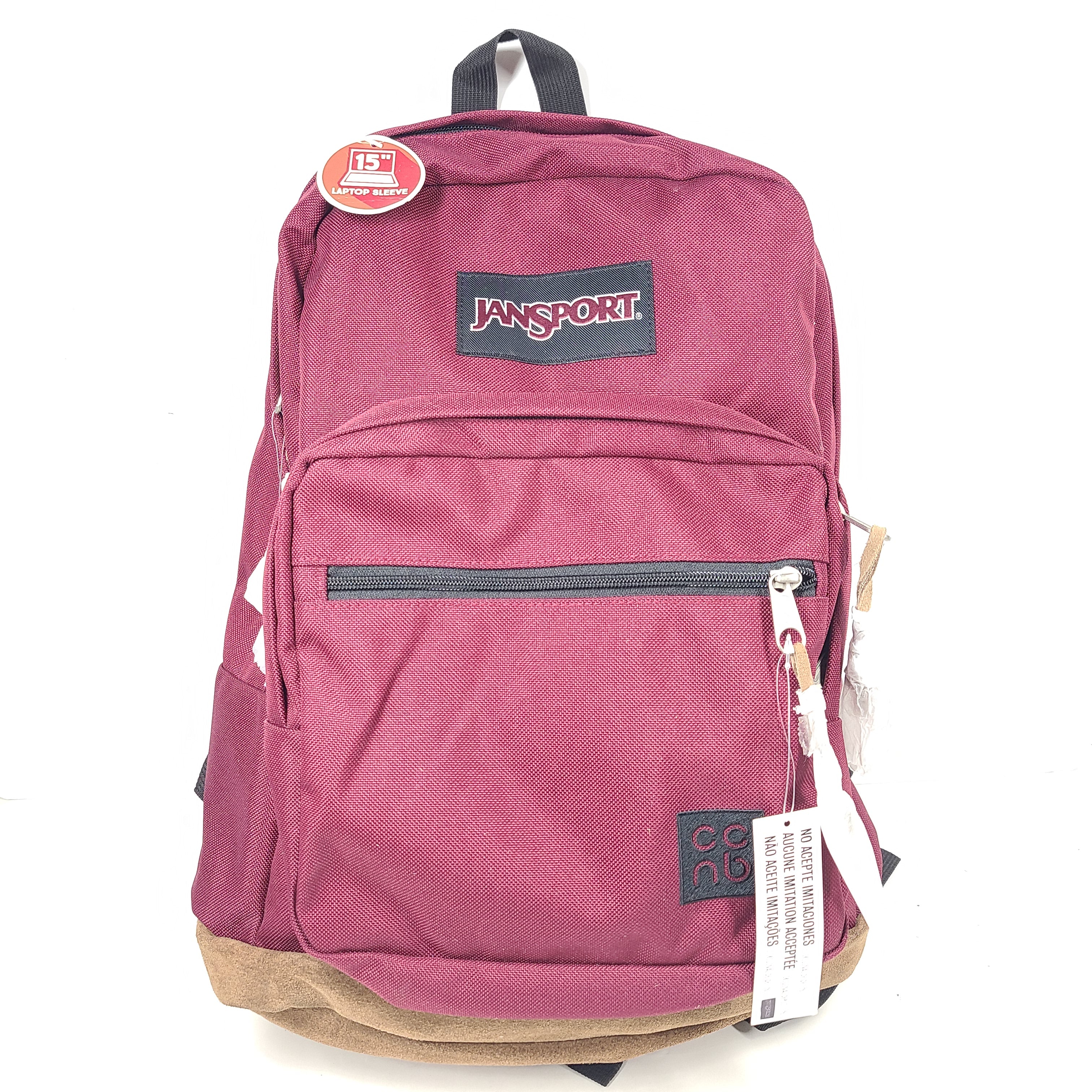 A maroon JanSport backpack with a 15" laptop sleeve.