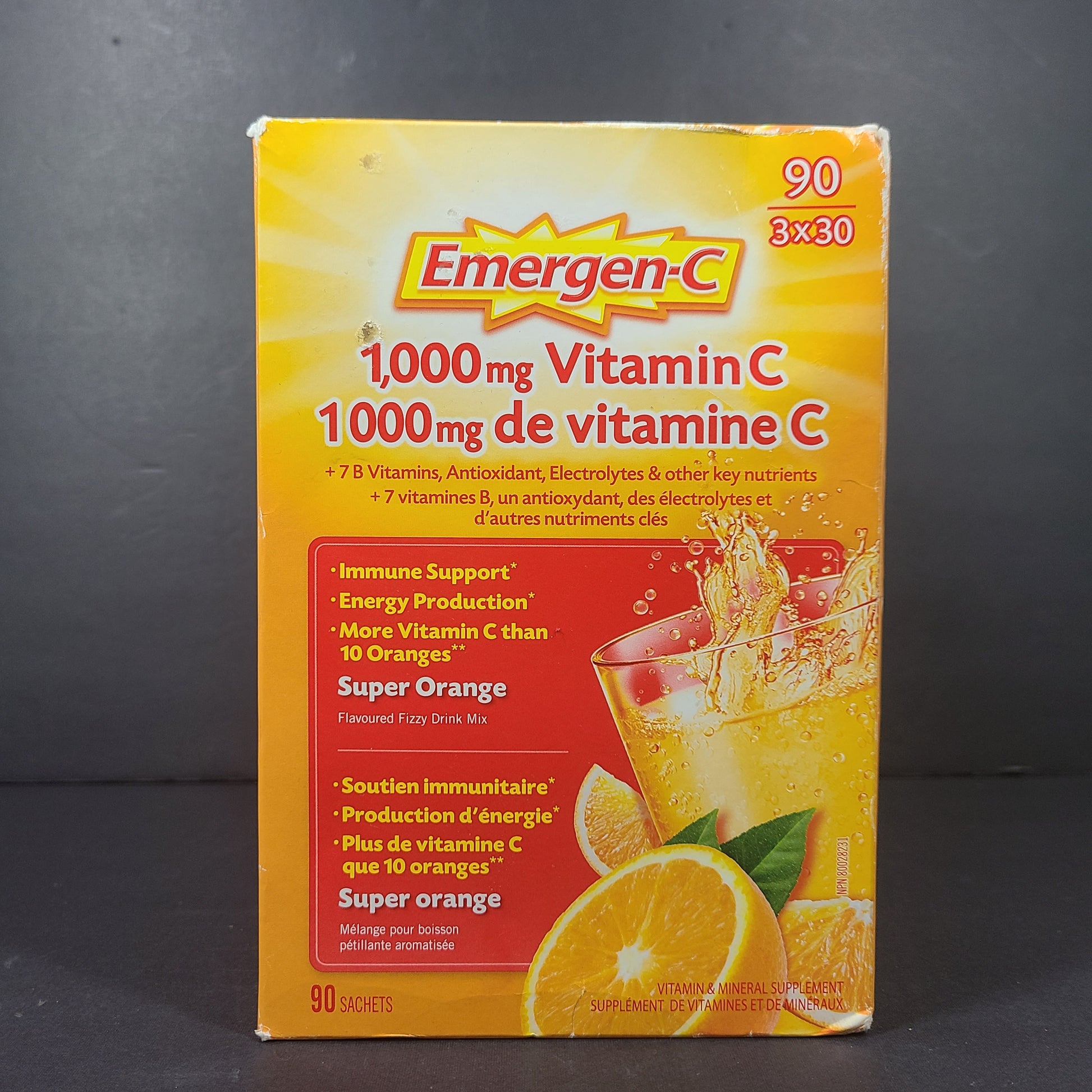 A box of Emergen-C super orange vitamin C sachets