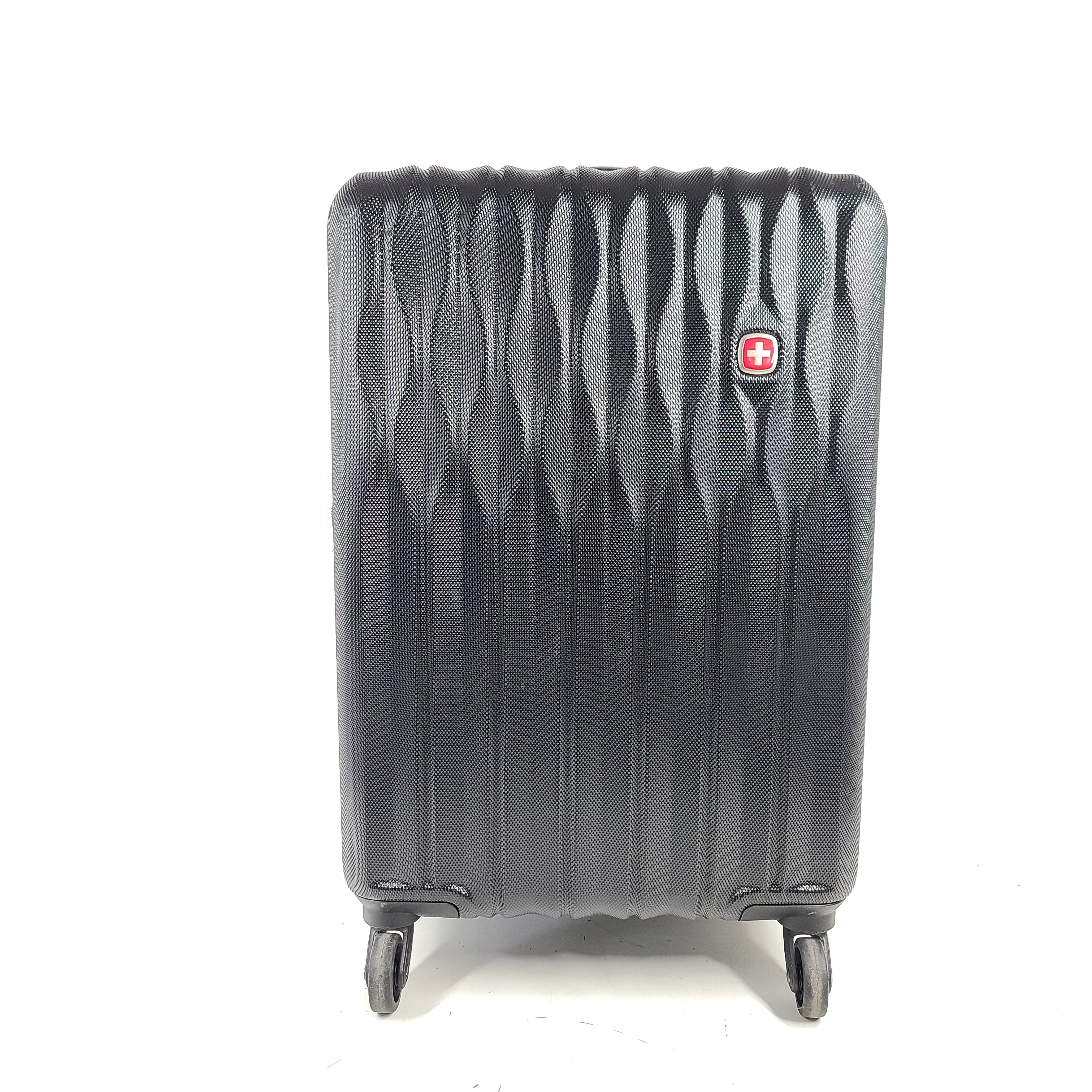 A sleek black SwissGear hardside spinner luggage SA8018.