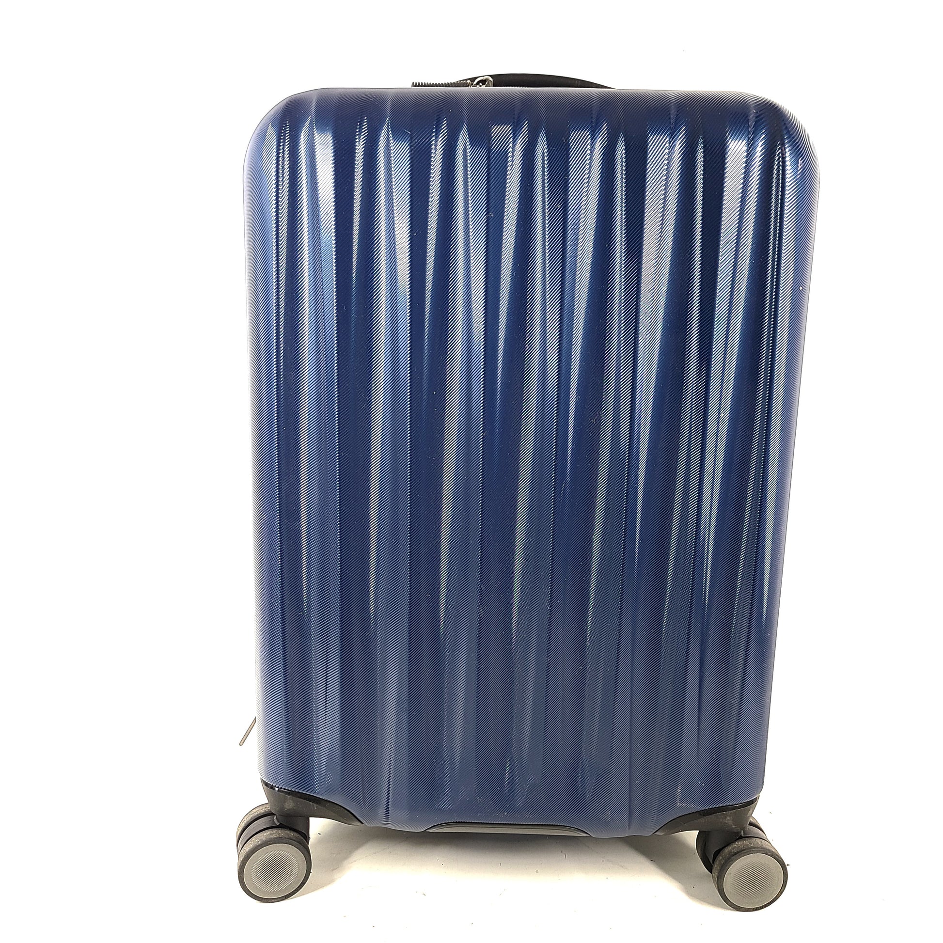 A sleek blue spinner luggage by Ricardo Beverly Hills.
