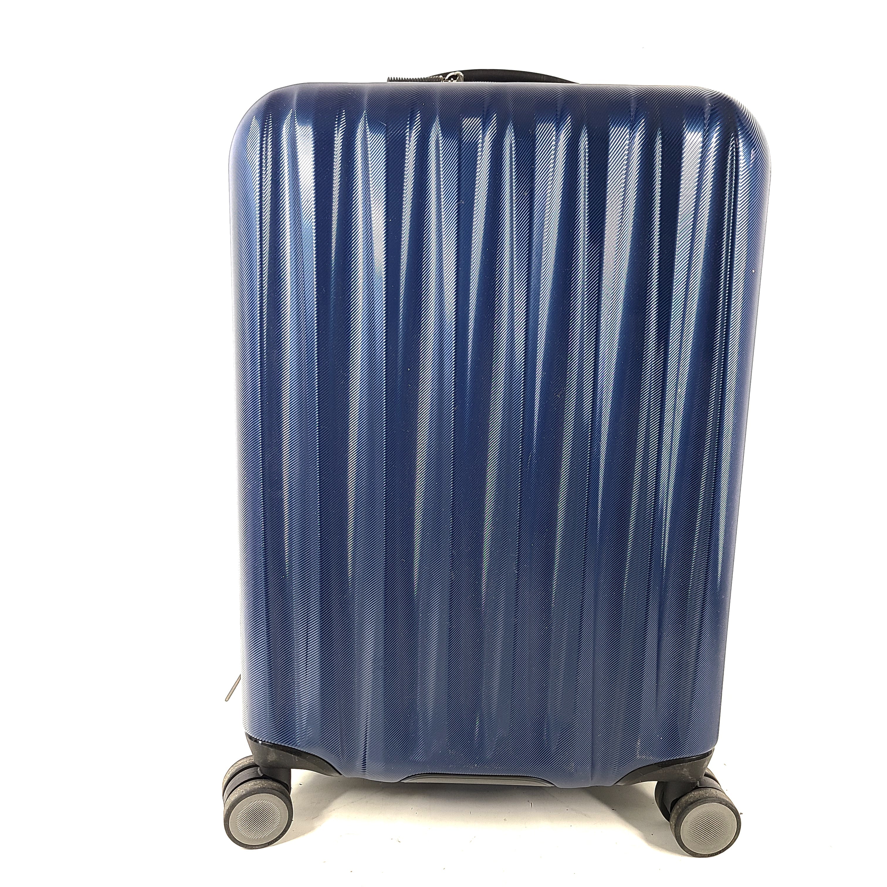 A sleek blue spinner luggage by Ricardo Beverly Hills.