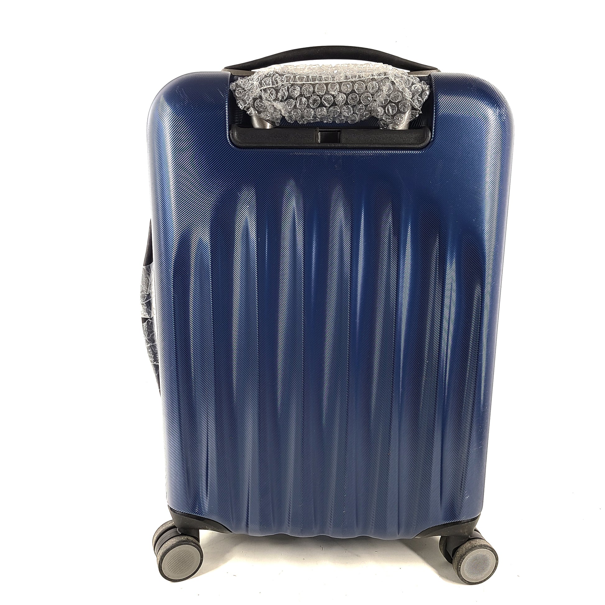 A sleek blue spinner luggage by Ricardo Beverly Hills.