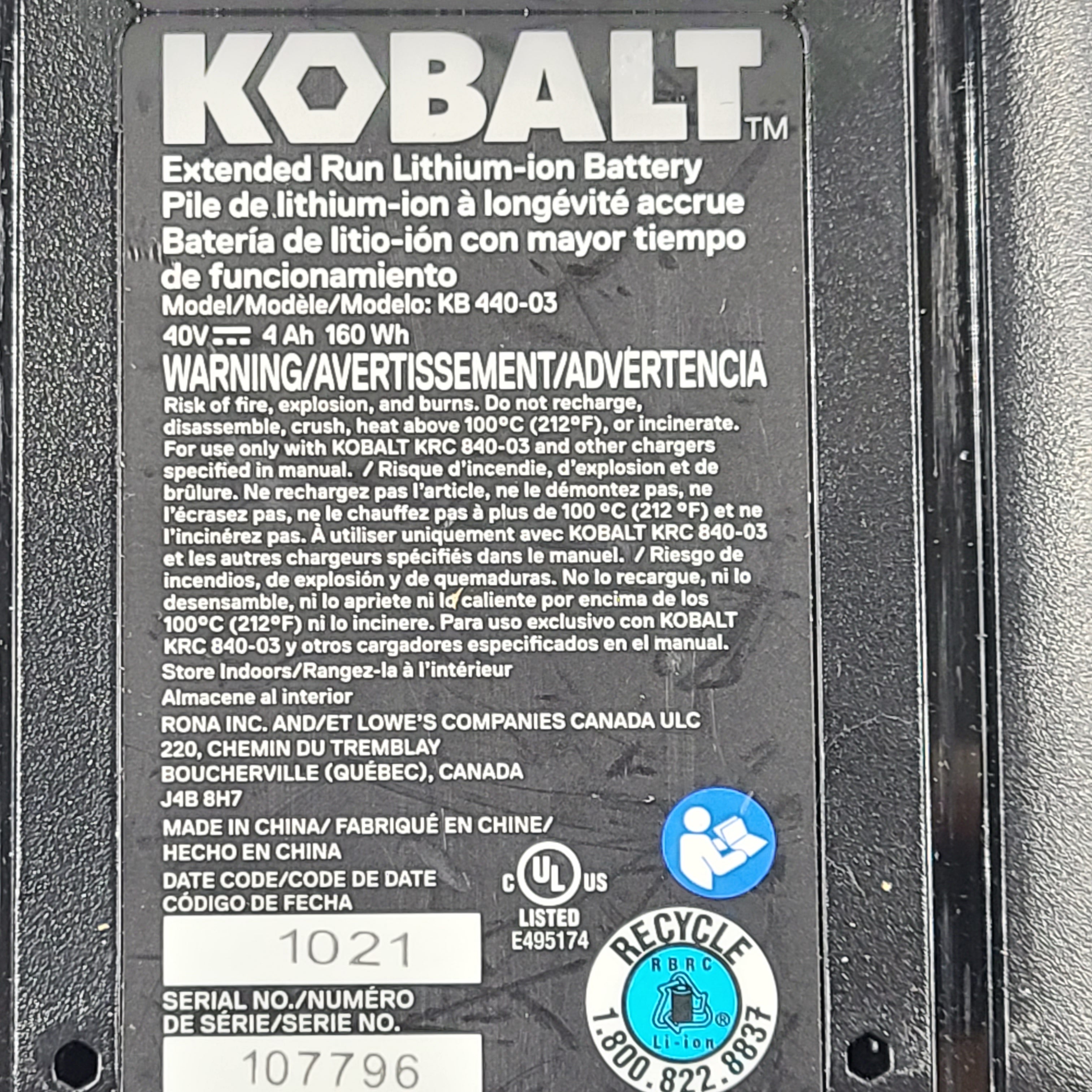 </strong> A Kobalt 40V Max Lithium-Ion Battery 4.0 Ah KB 440-03</p>