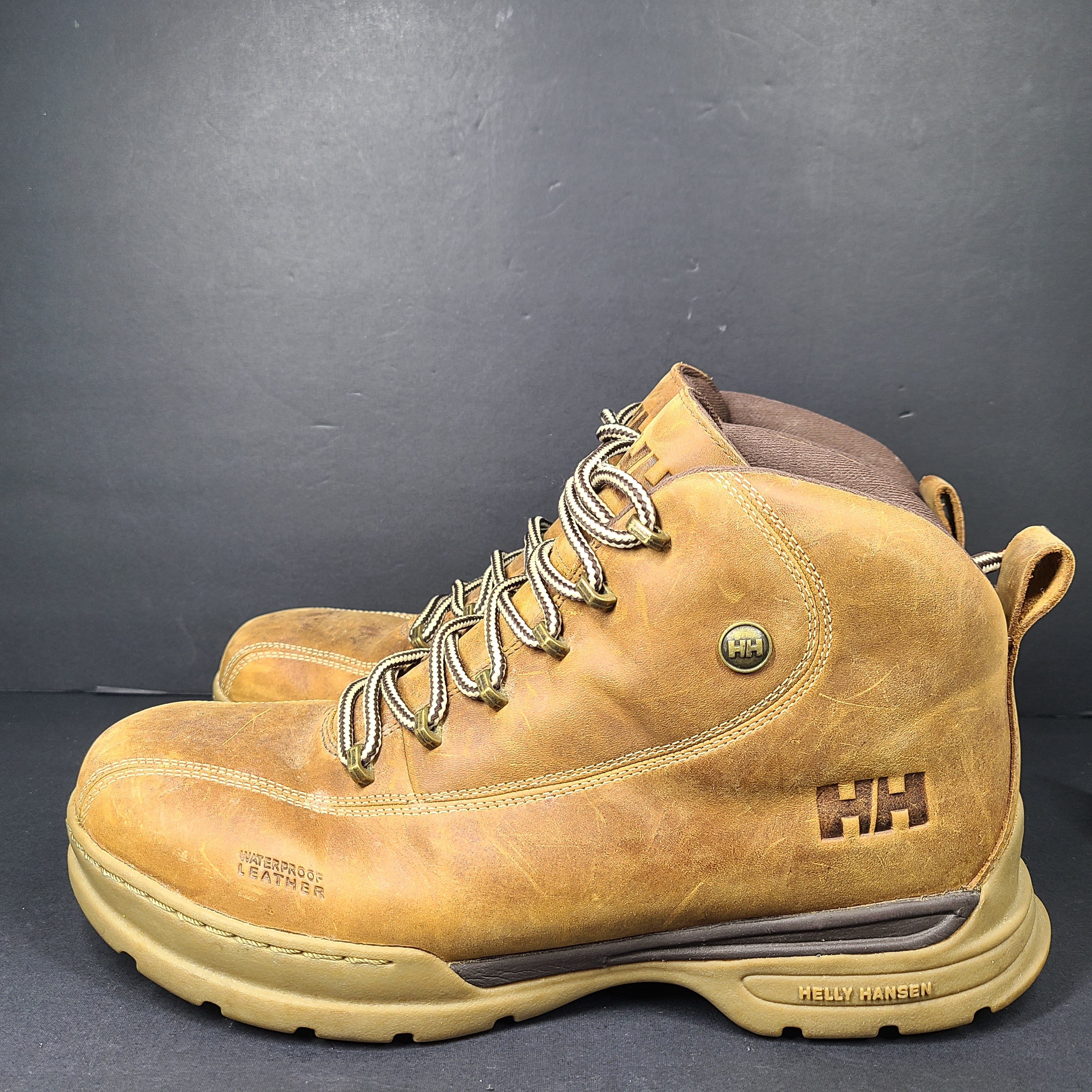 A pair of Helly Hansen Men's Waterproof Leather Boots in size US 10.