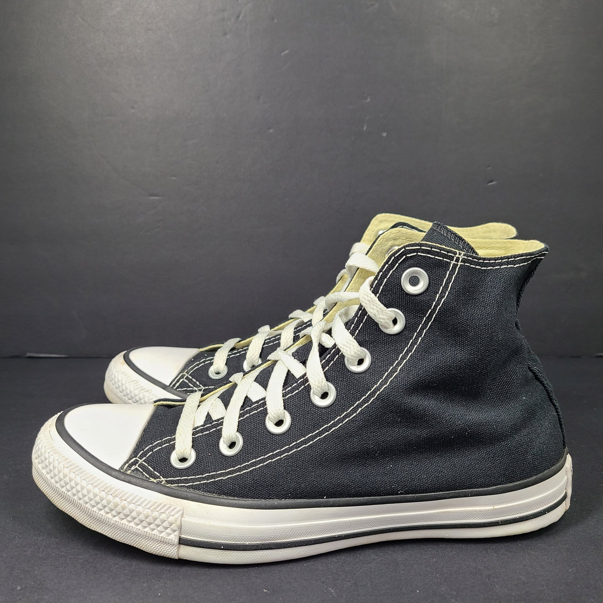 A pair of black Converse All Star High Top Sneakers for women in US Size 5.5