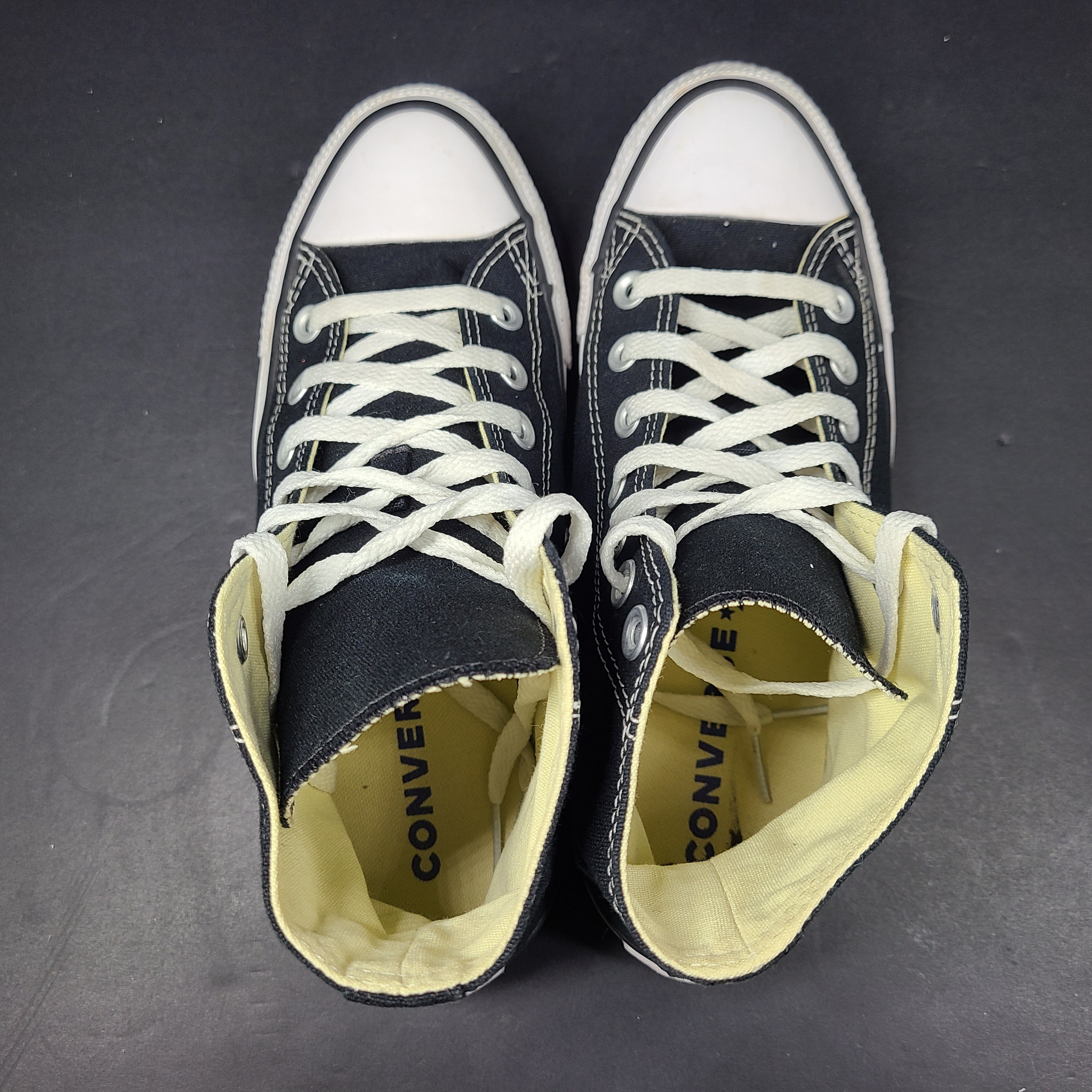 A pair of black Converse All Star High Top Sneakers for women in US Size 5.5