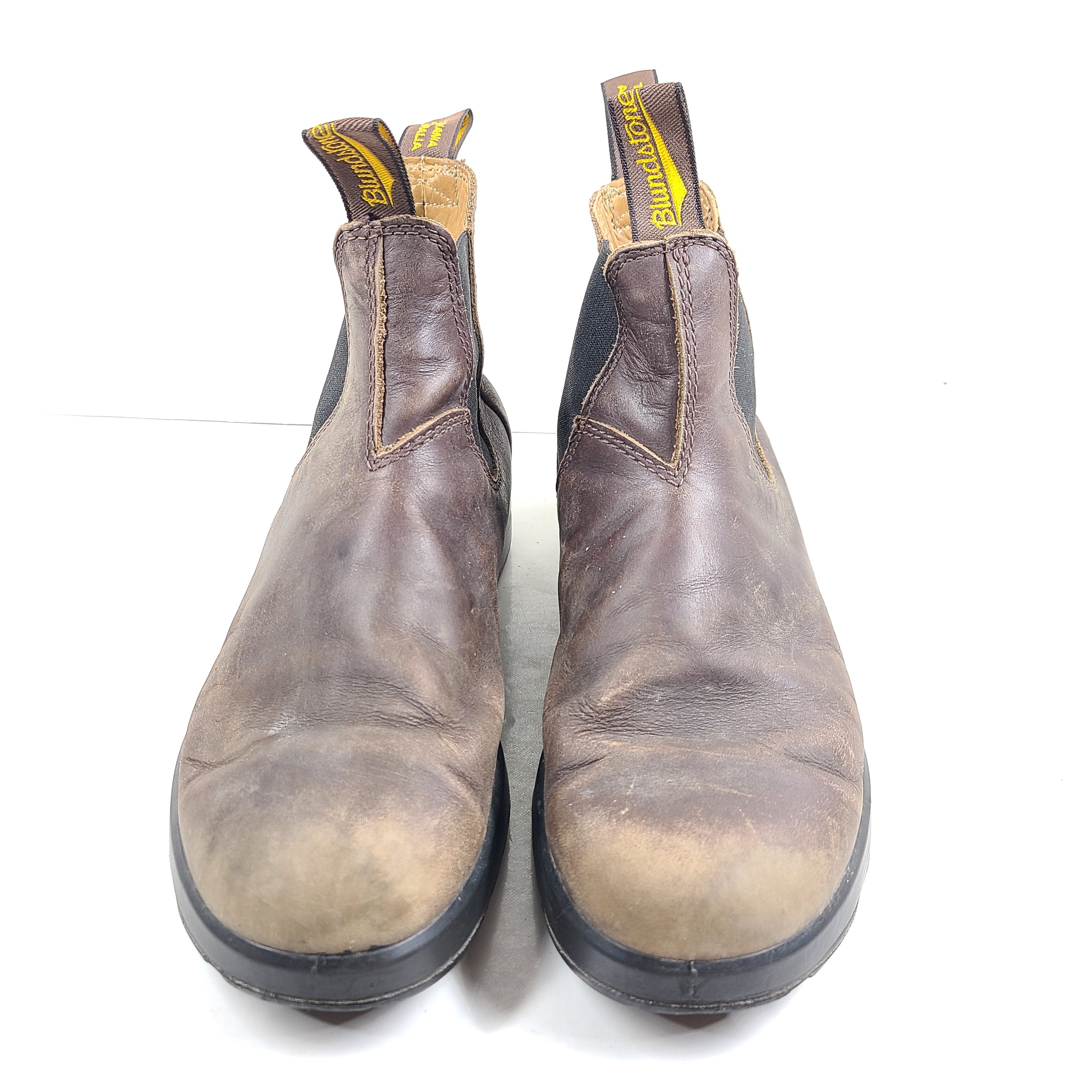 A pair of brown Blundstone leather boots