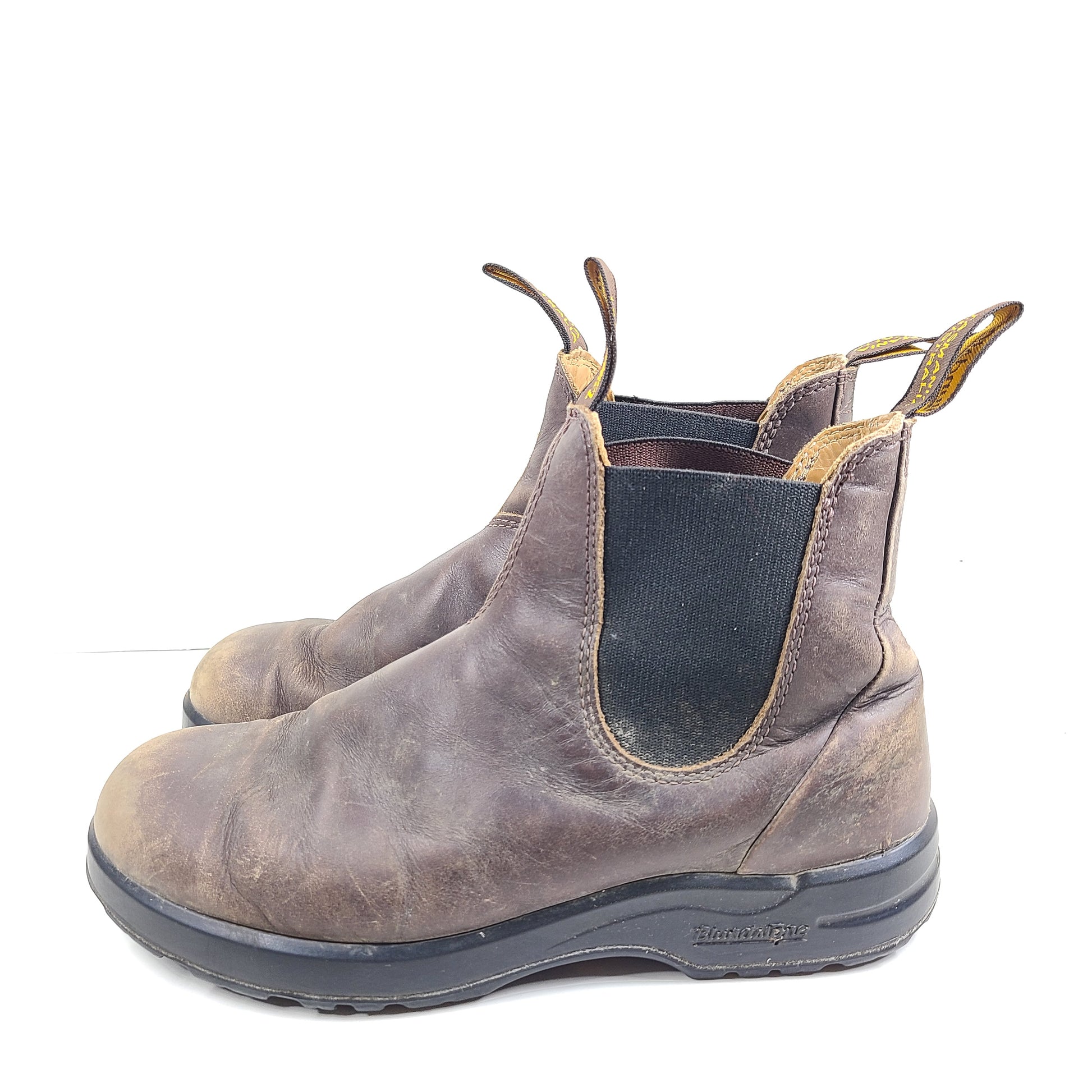 A pair of brown Blundstone leather boots