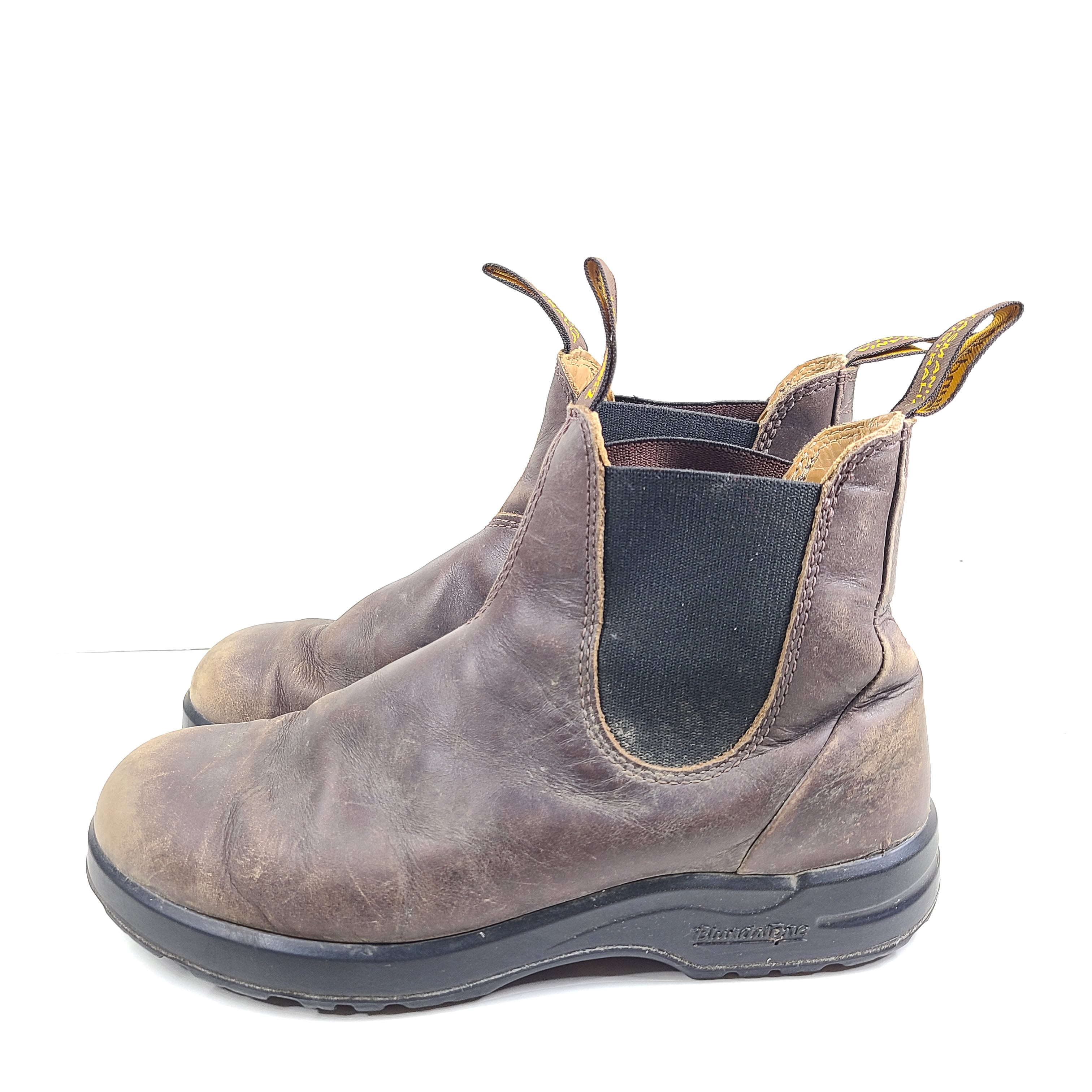 A pair of brown Blundstone leather boots