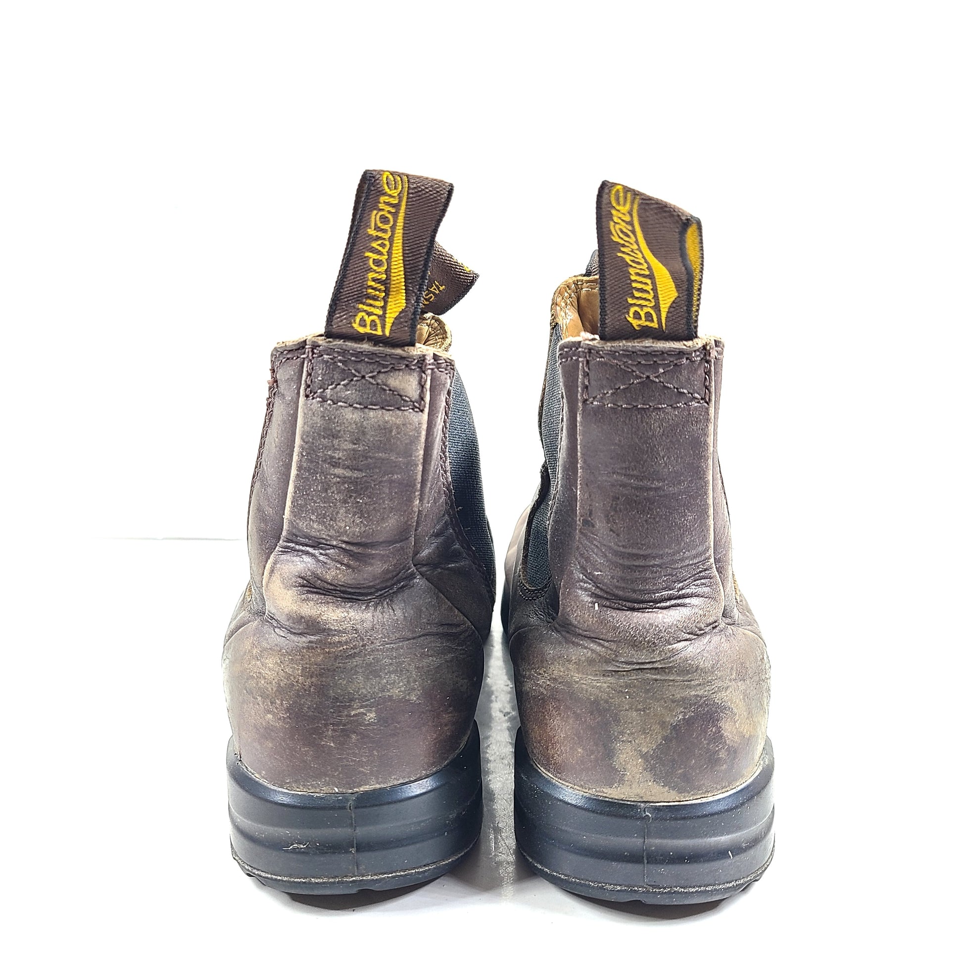 A pair of brown Blundstone leather boots