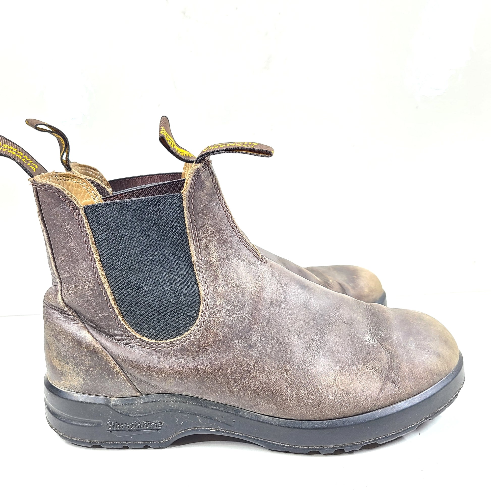 A pair of brown Blundstone leather boots