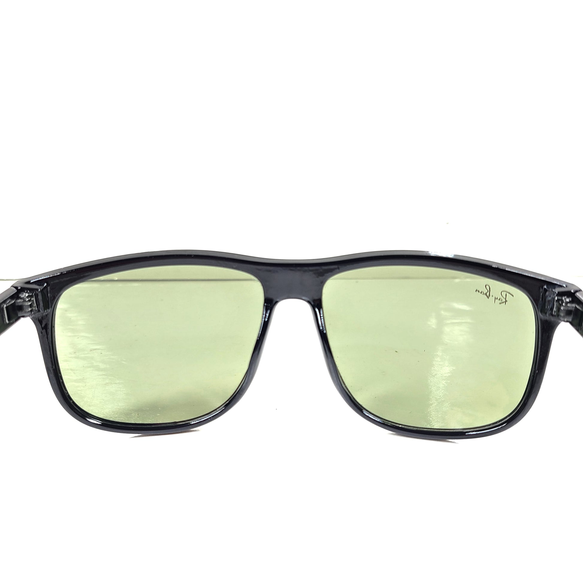 A pair of pre-owned black frame Ray-Ban sunglasses with green lenses for men