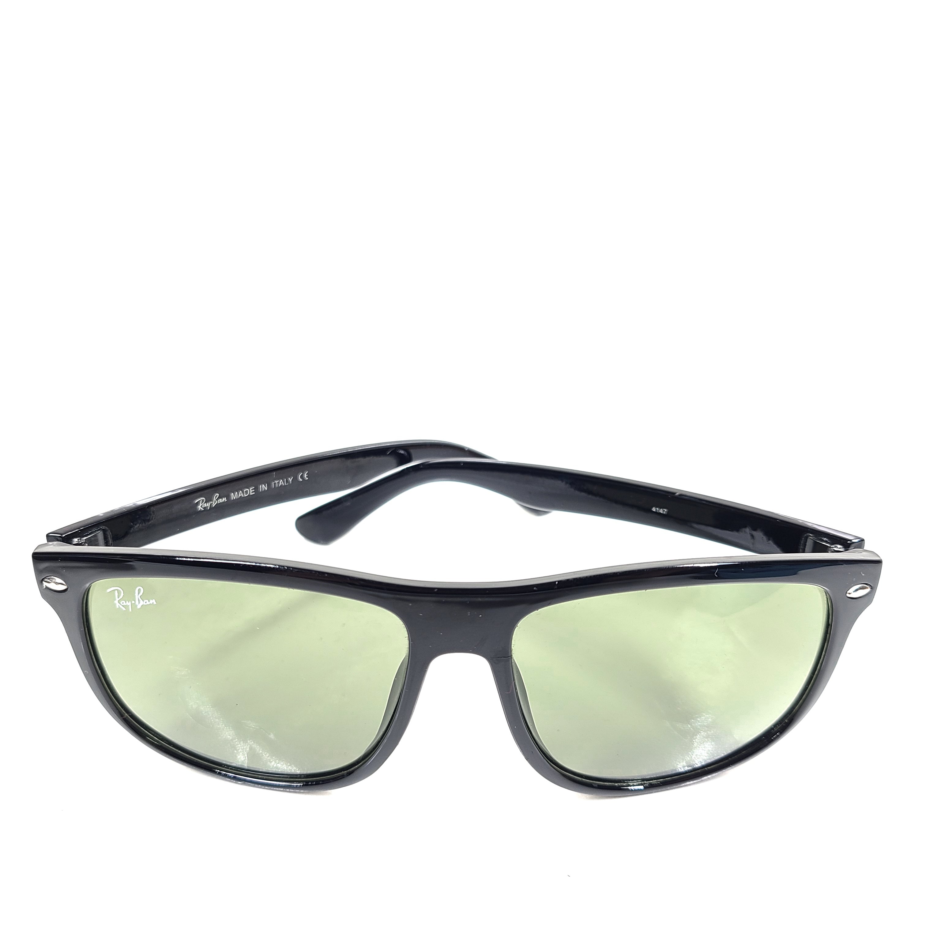 A pair of pre-owned black frame Ray-Ban sunglasses with green lenses for men