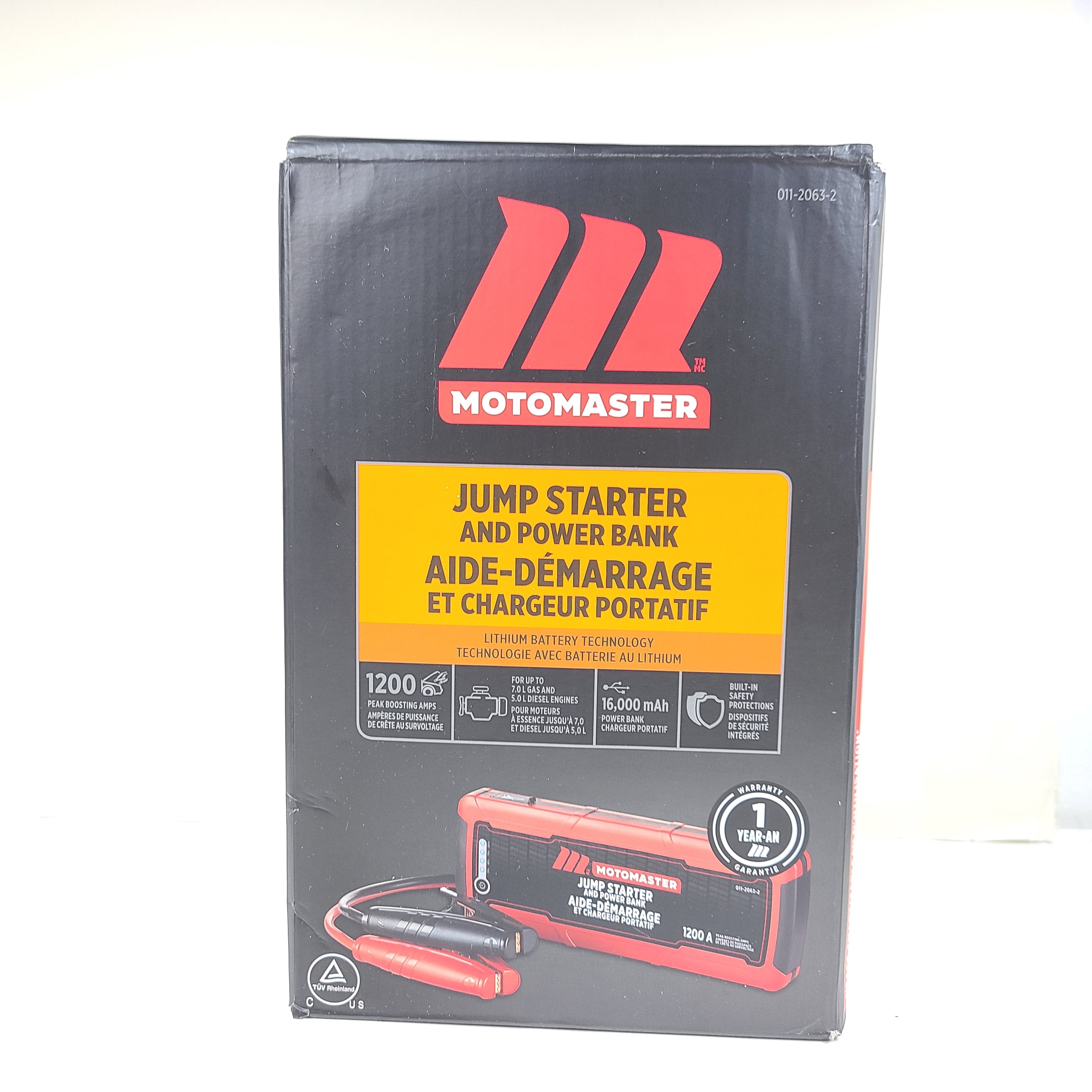 A powerful jump starter and power bank by MotoMaster with 1200A and 16000mAh capacity in a compact design.