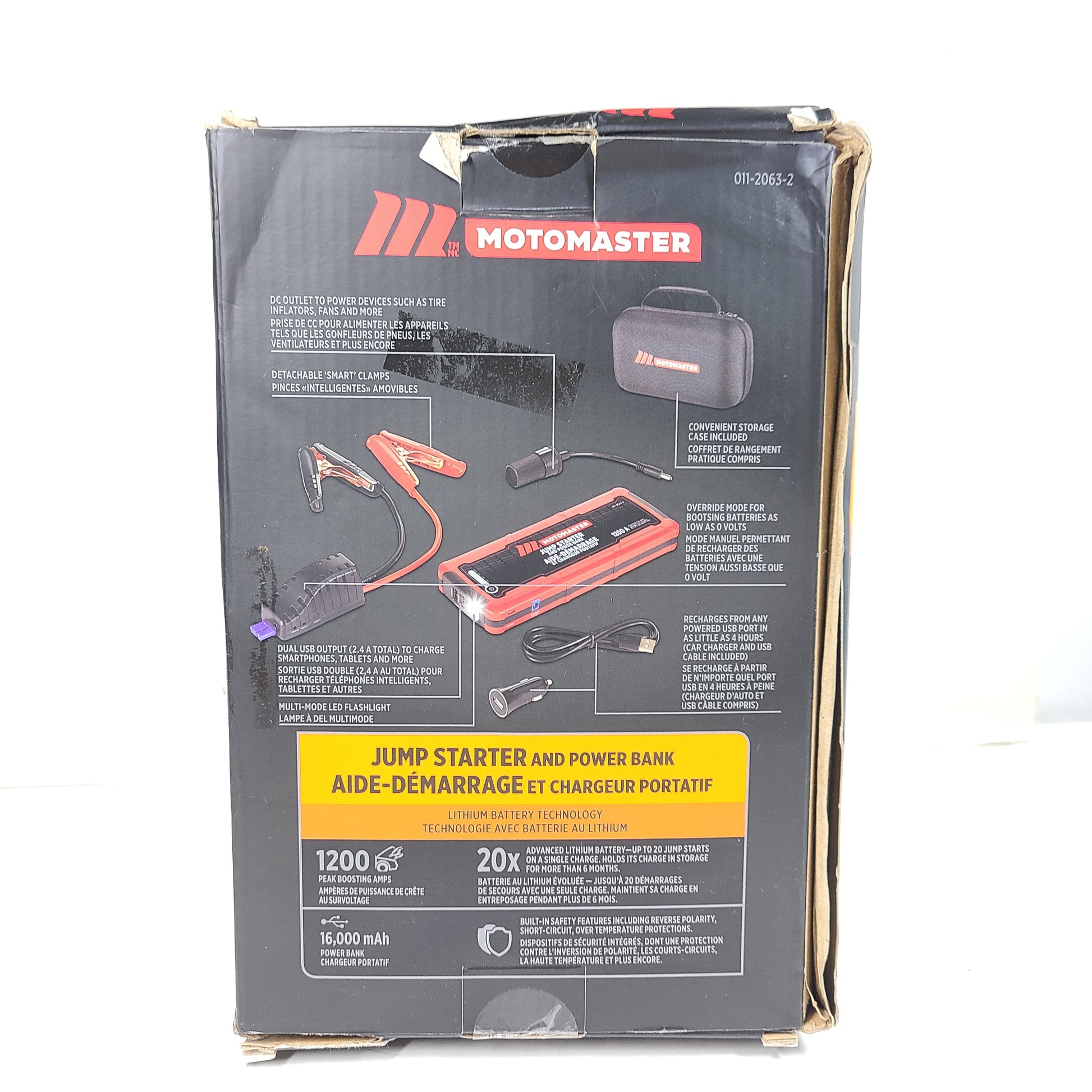 A powerful jump starter and power bank by MotoMaster with 1200A and 16000mAh capacity in a compact design.