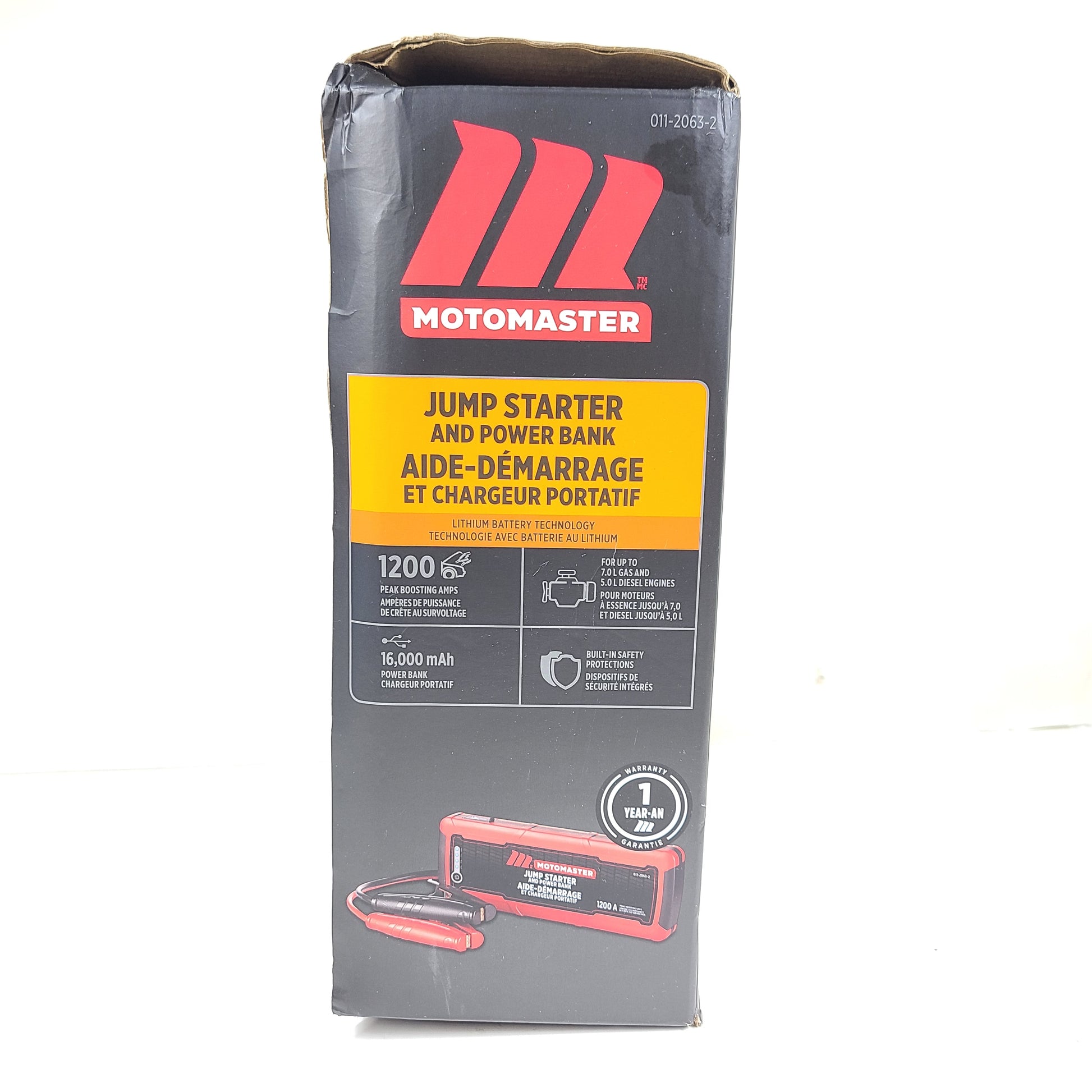 A powerful jump starter and power bank by MotoMaster with 1200A and 16000mAh capacity in a compact design.