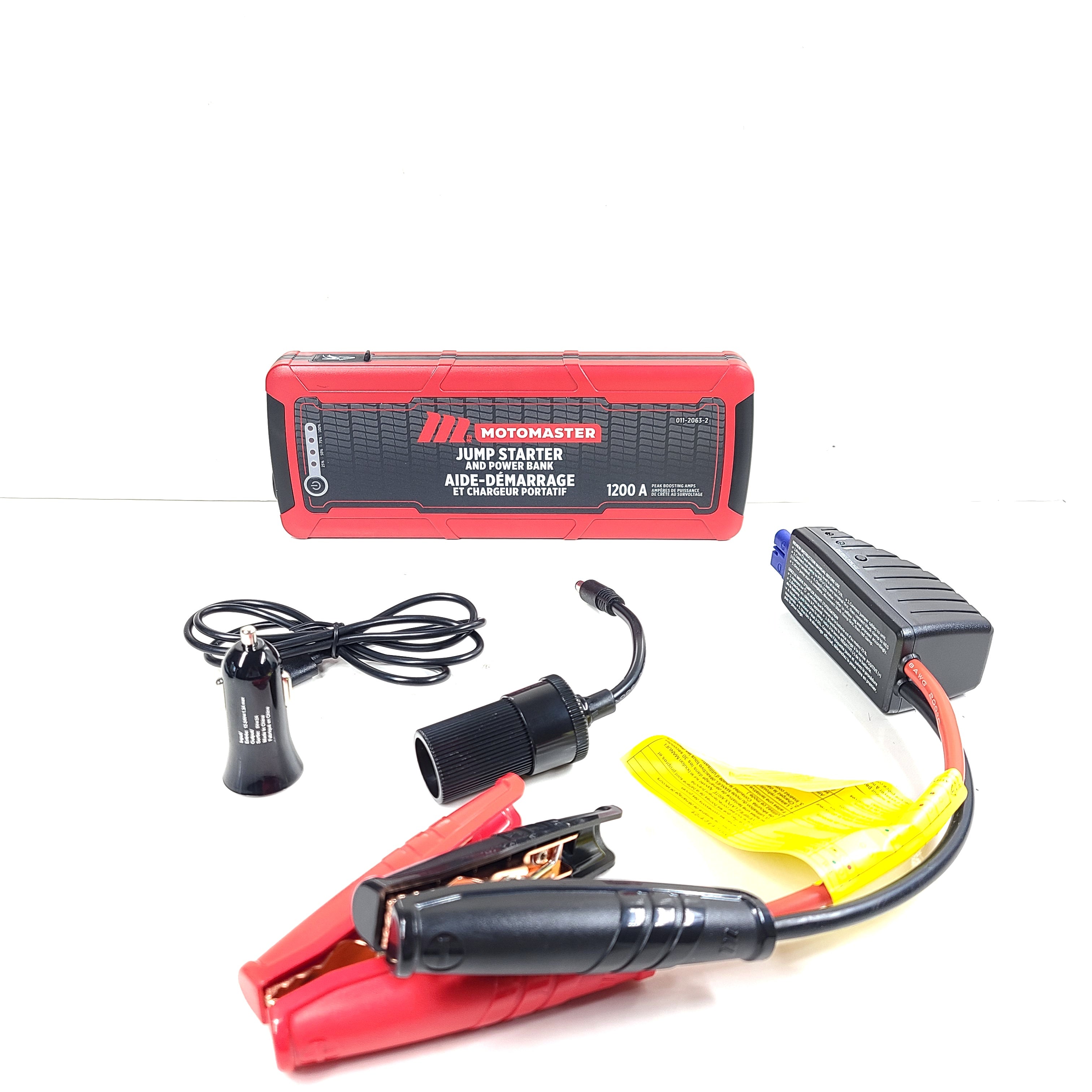 A powerful jump starter and power bank by MotoMaster with 1200A and 16000mAh capacity in a compact design.