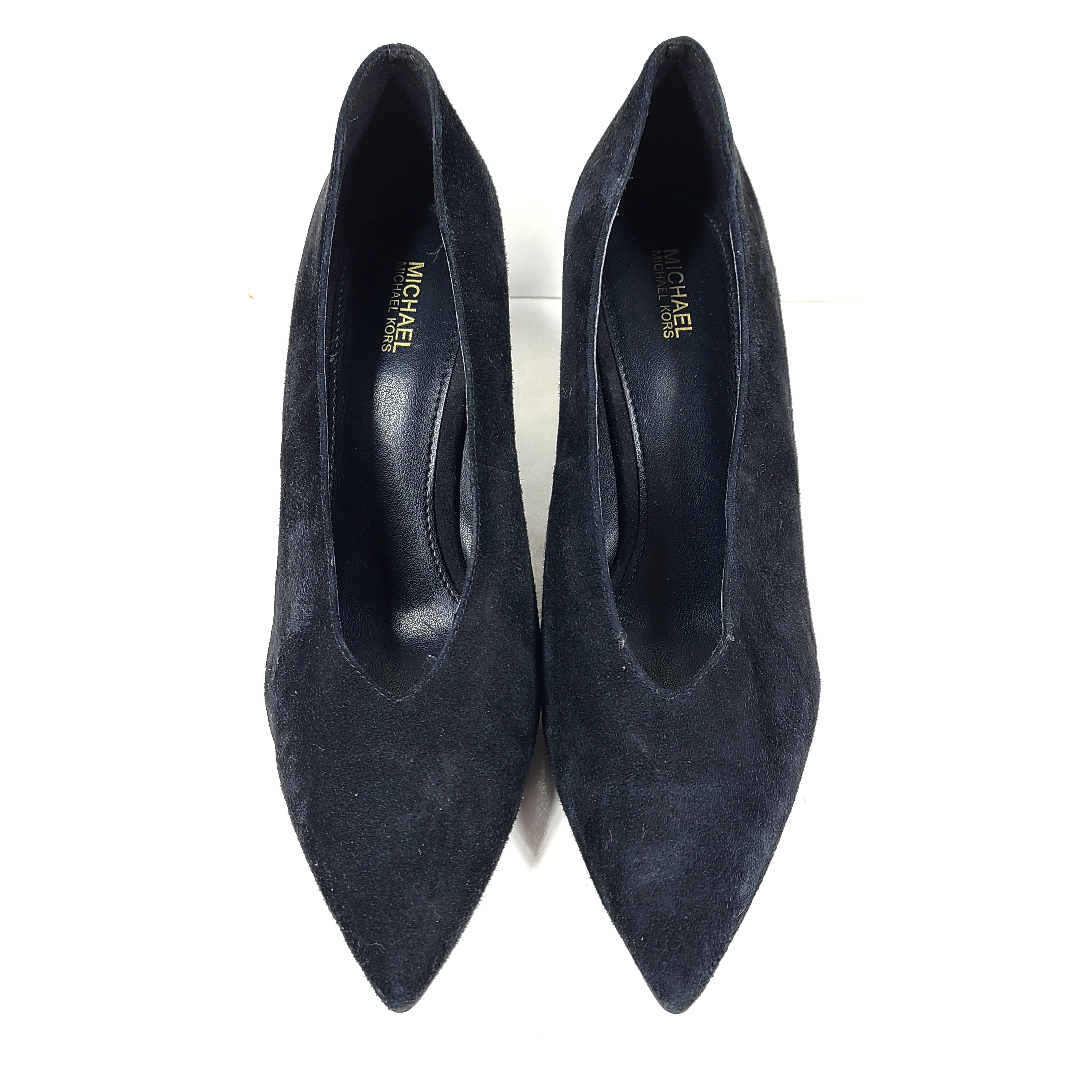 A pair of black suede Michael Kors women's heels with pointed toes, size 8.5M