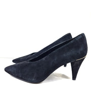 A pair of black suede Michael Kors women's heels with pointed toes, size 8.5M