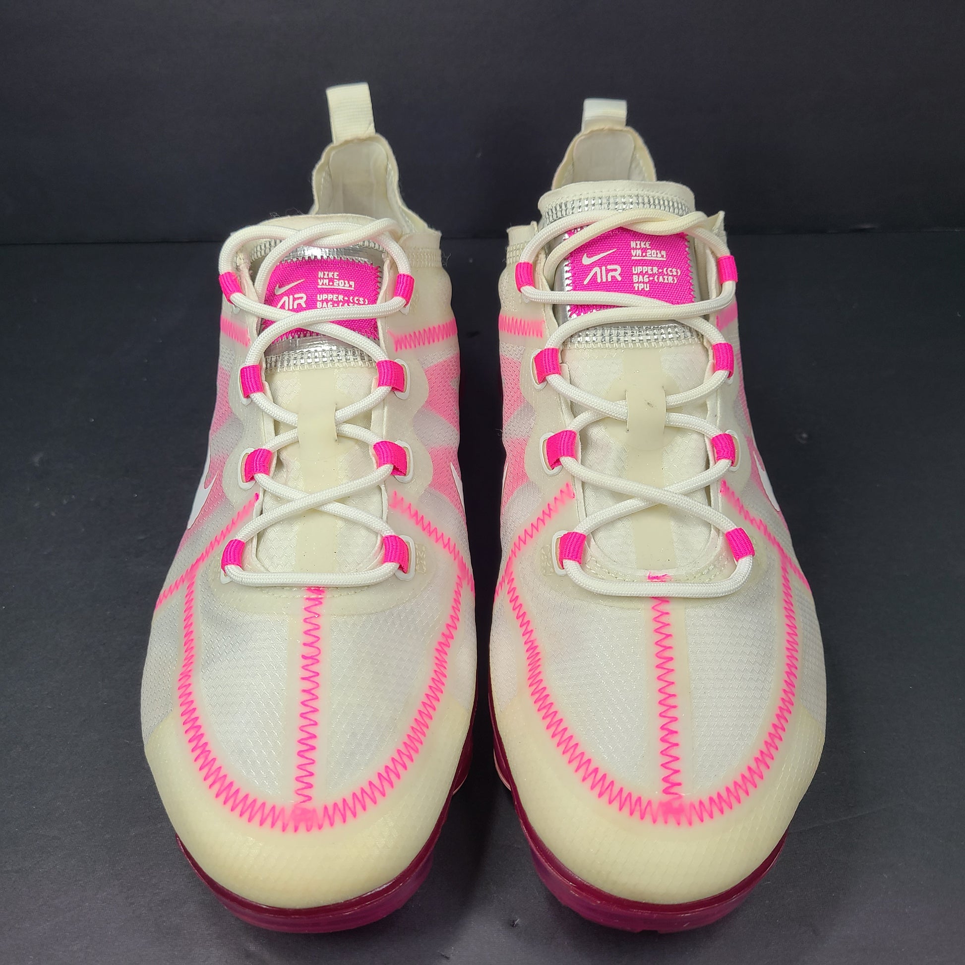 Pink and white Nike Air VaporMax 2019 women's sneakers in US size 10.
