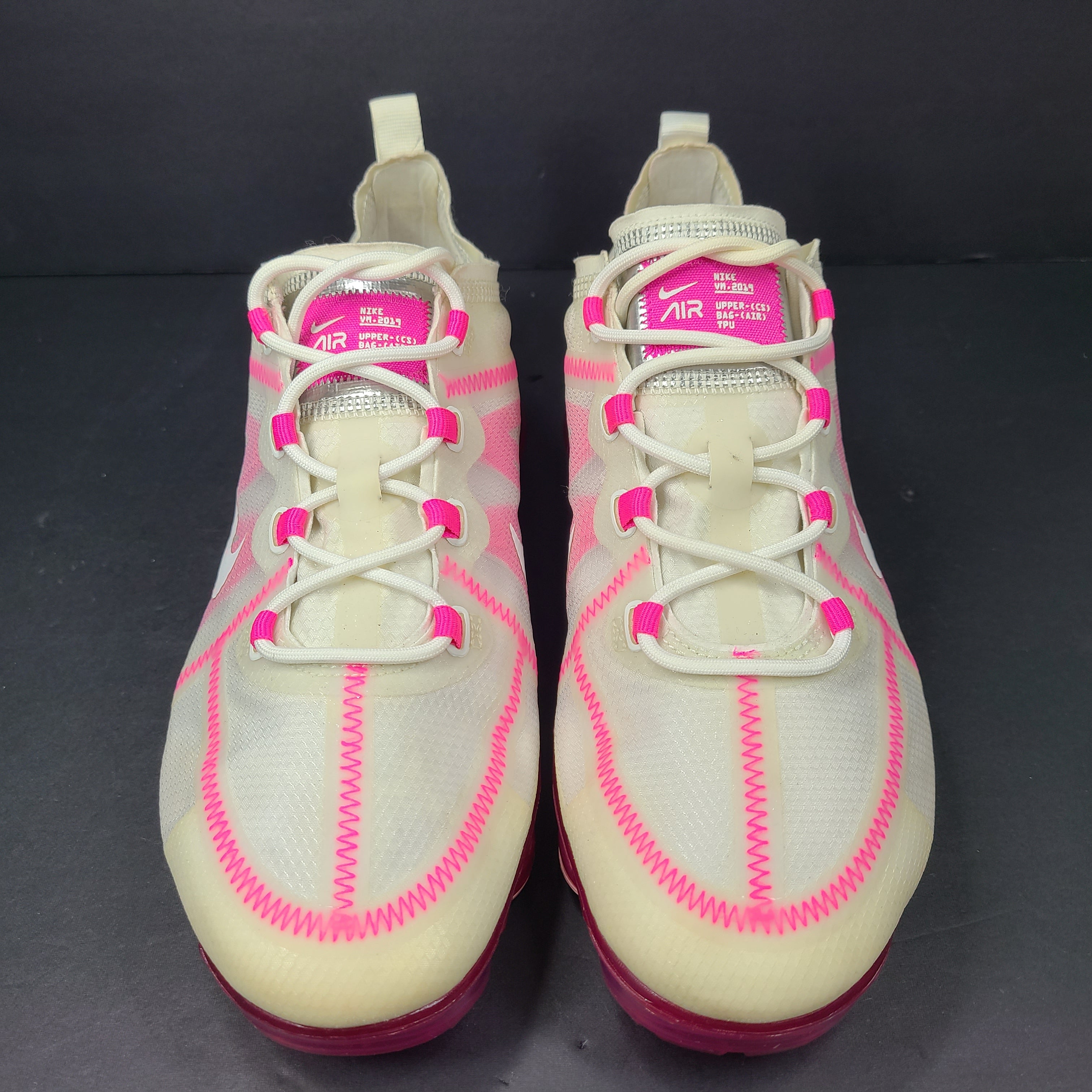 Pink and white Nike Air VaporMax 2019 women's sneakers in US size 10.