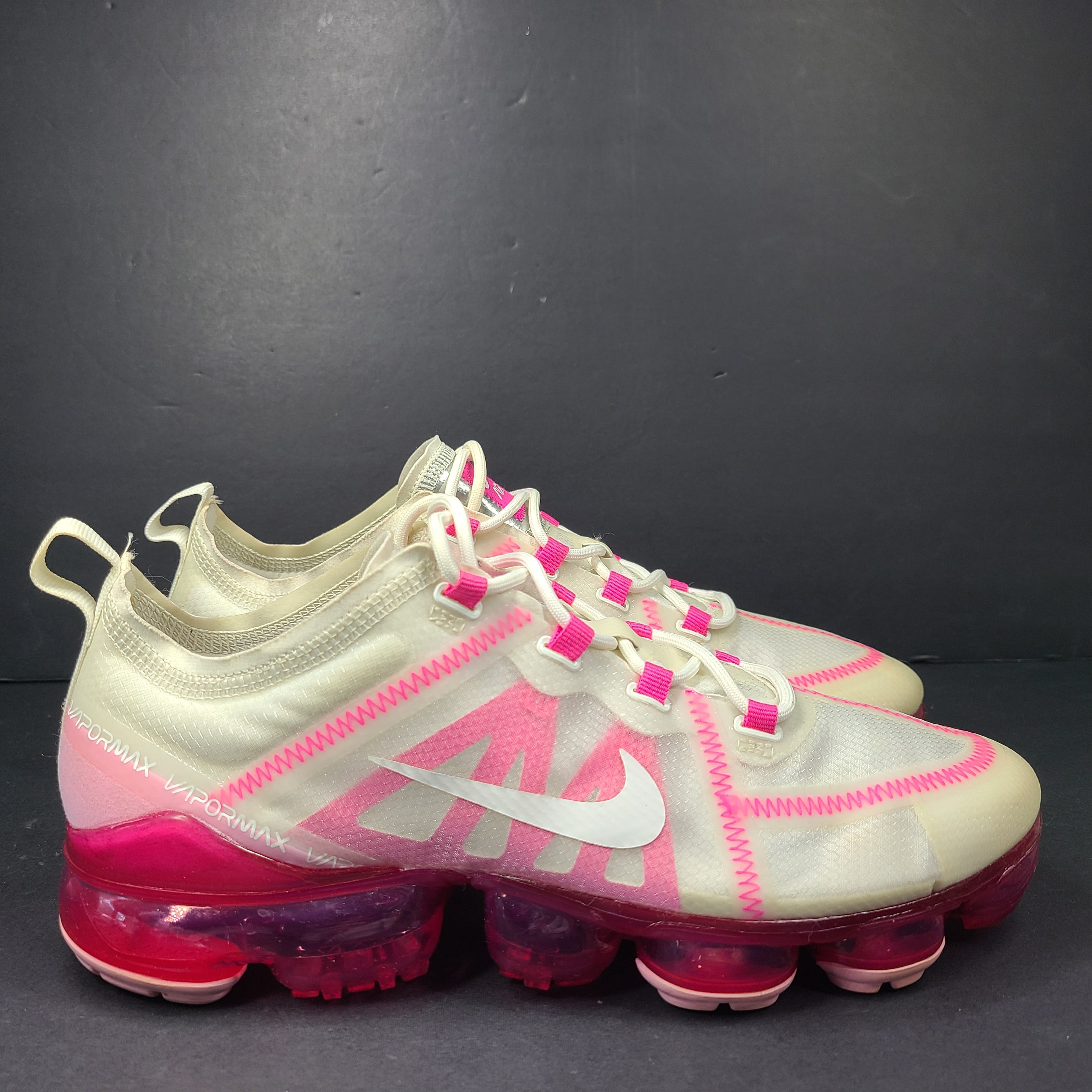 Pink and white Nike Air VaporMax 2019 women's sneakers in US size 10.