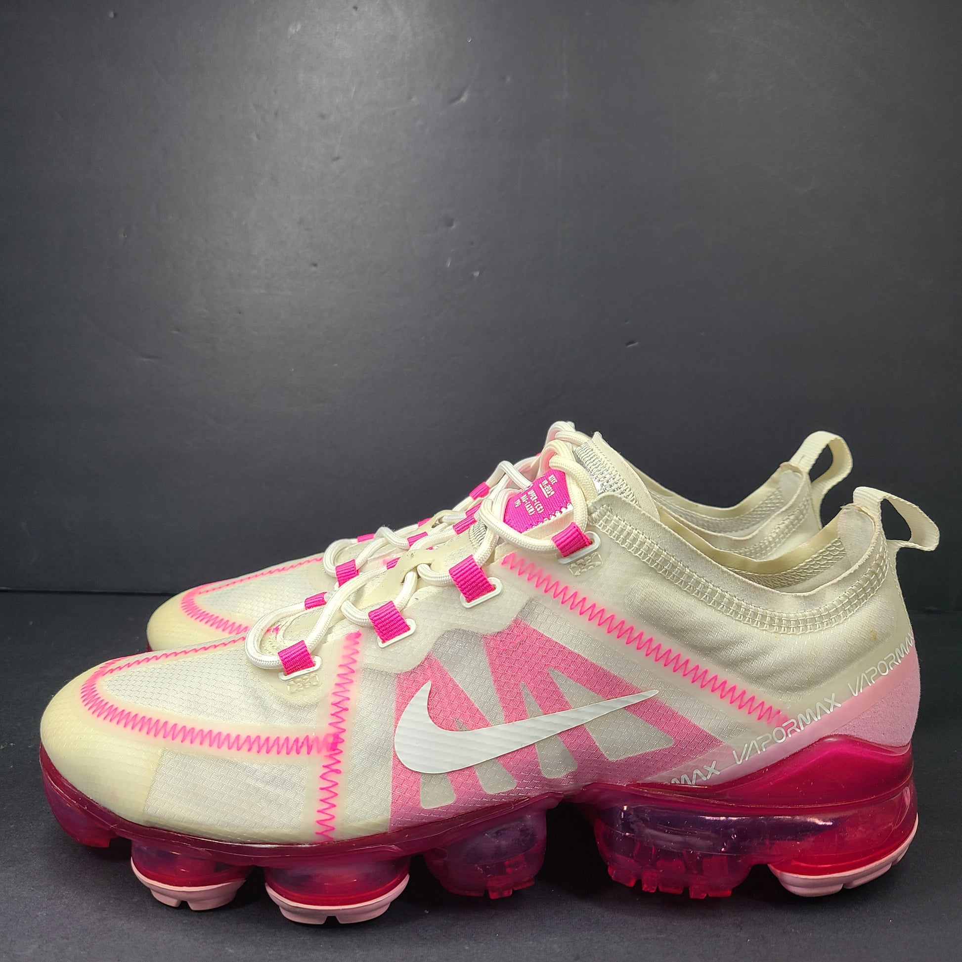 Pink and white Nike Air VaporMax 2019 women's sneakers in US size 10.