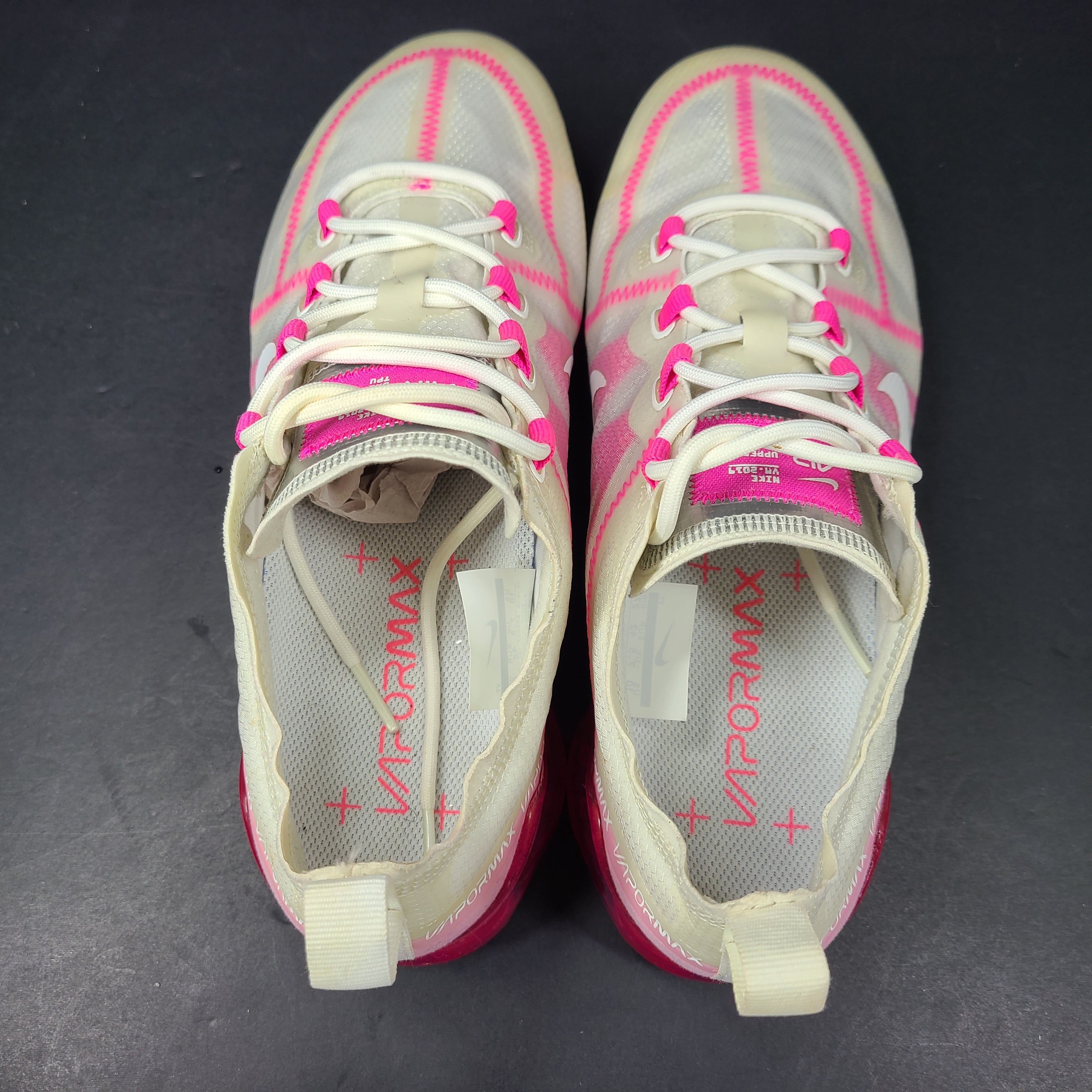 Pink and white Nike Air VaporMax 2019 women's sneakers in US size 10.