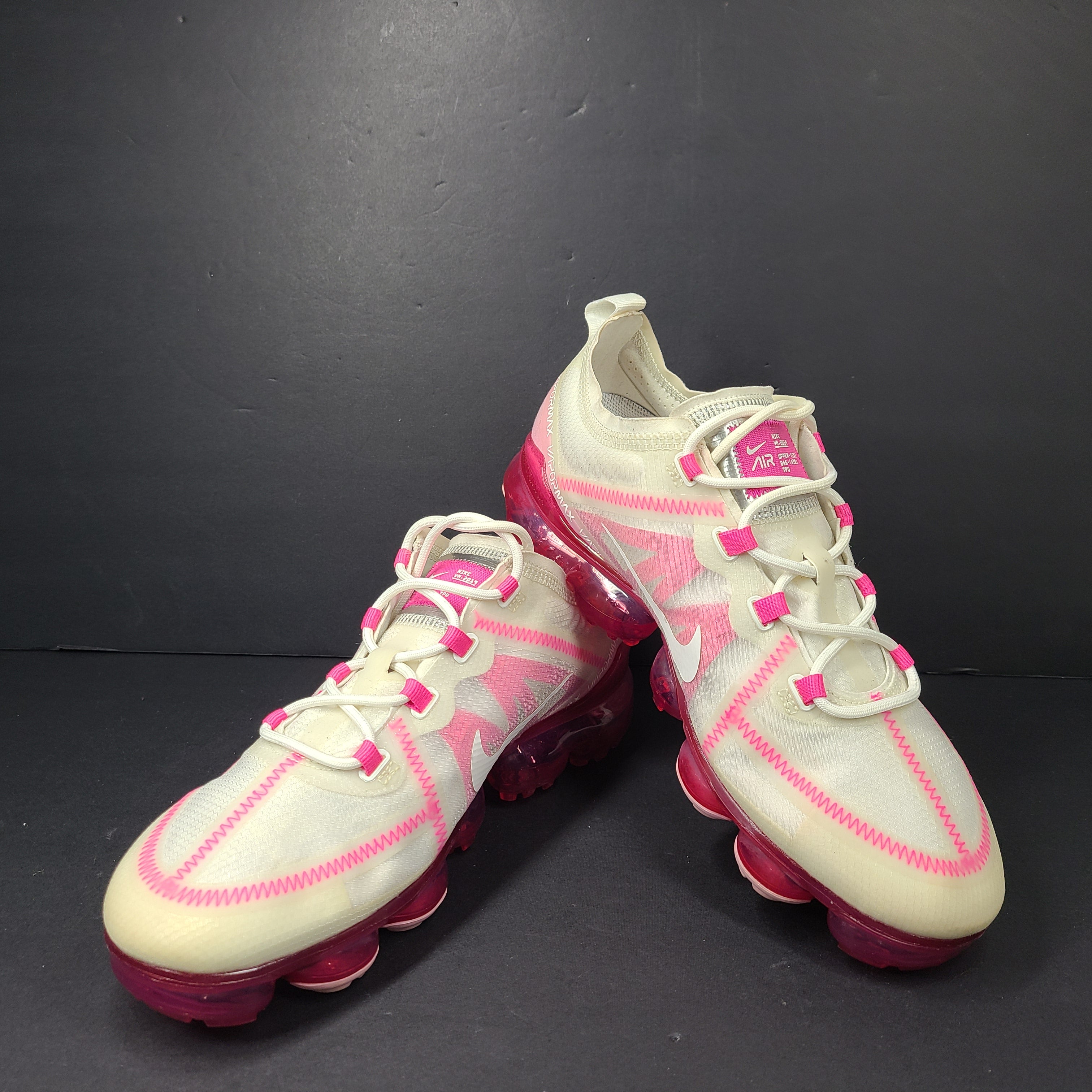 Pink and white Nike Air VaporMax 2019 women's sneakers in US size 10.