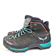 Salewa WS MTN Trainer Mid GTX Boots in Magnet and Viridian Green colors for women.