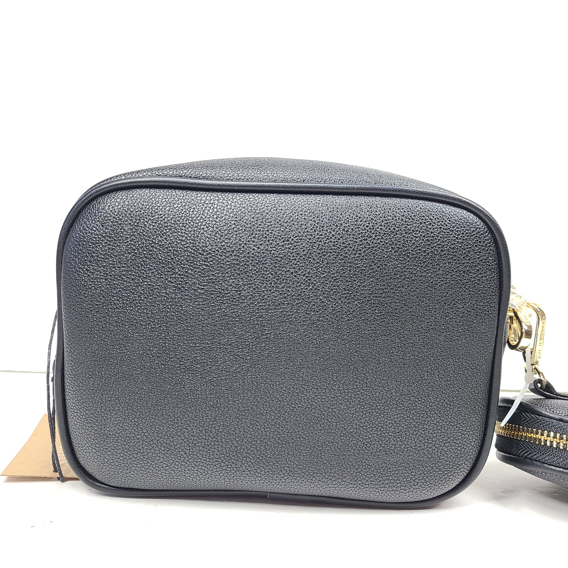A stylish black crossbody bag with a detachable pouch and gold chain strap.