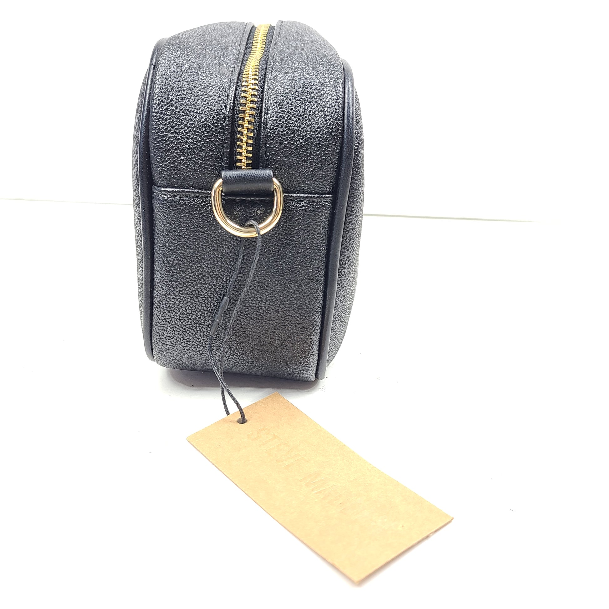 A stylish black crossbody bag with a detachable pouch and gold chain strap.
