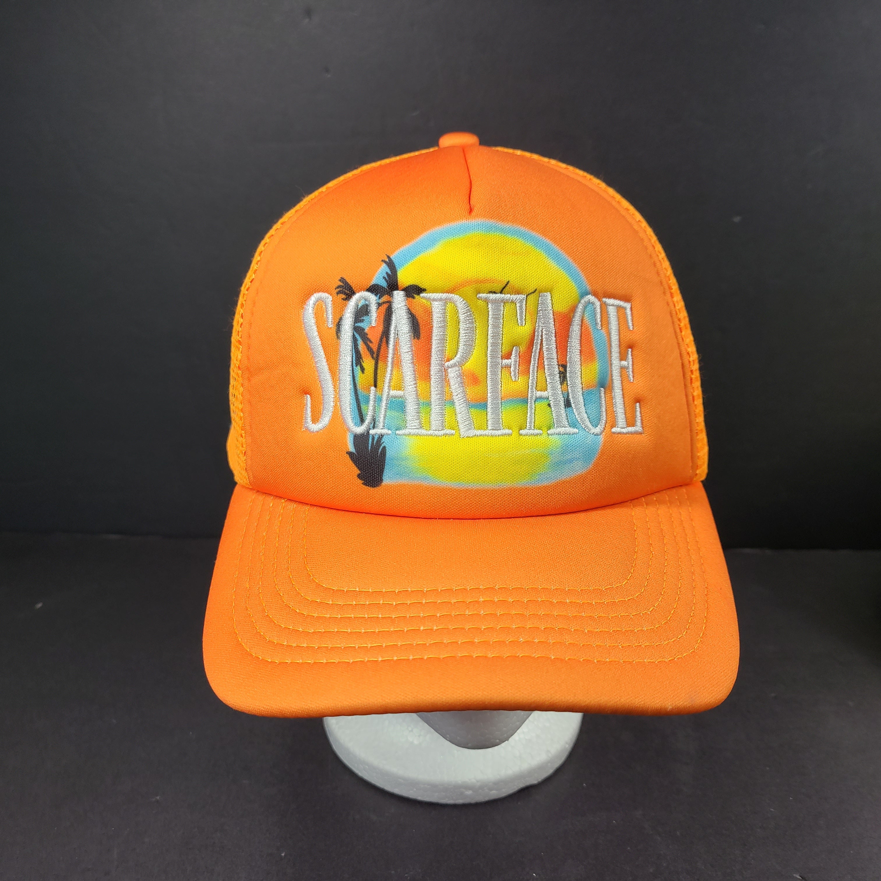 Scarface x Shoe Palace Miami orange trucker hat with mesh design and snapback closure