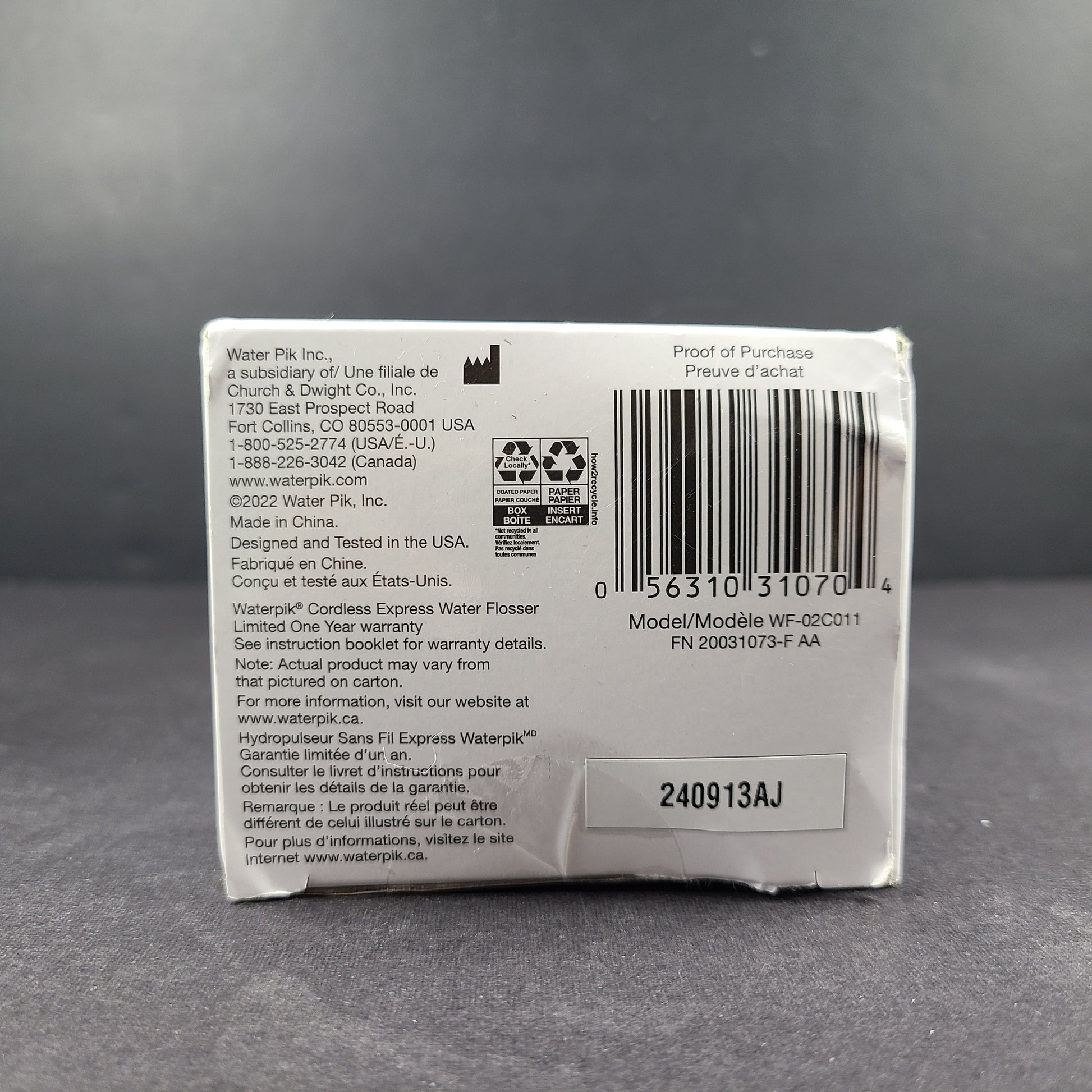 Waterpik Cordless Express Water Flosser WF-02 White in new condition