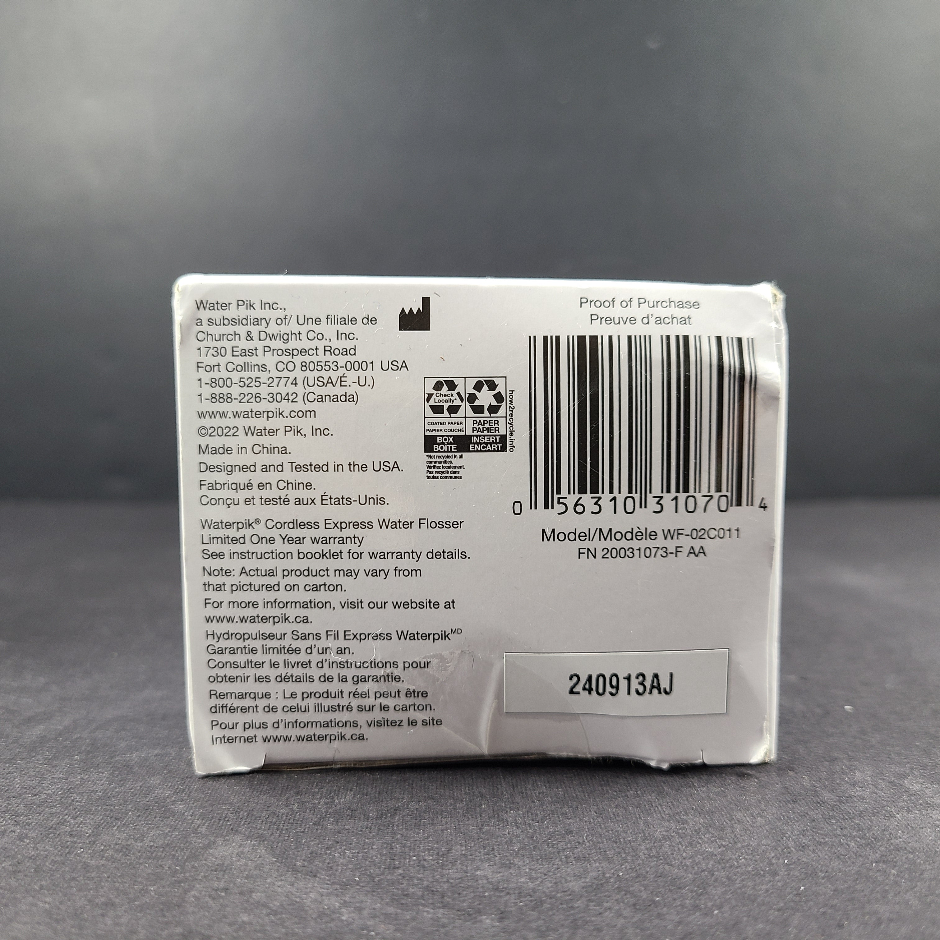 Waterpik Cordless Express Water Flosser WF-02 White in new condition