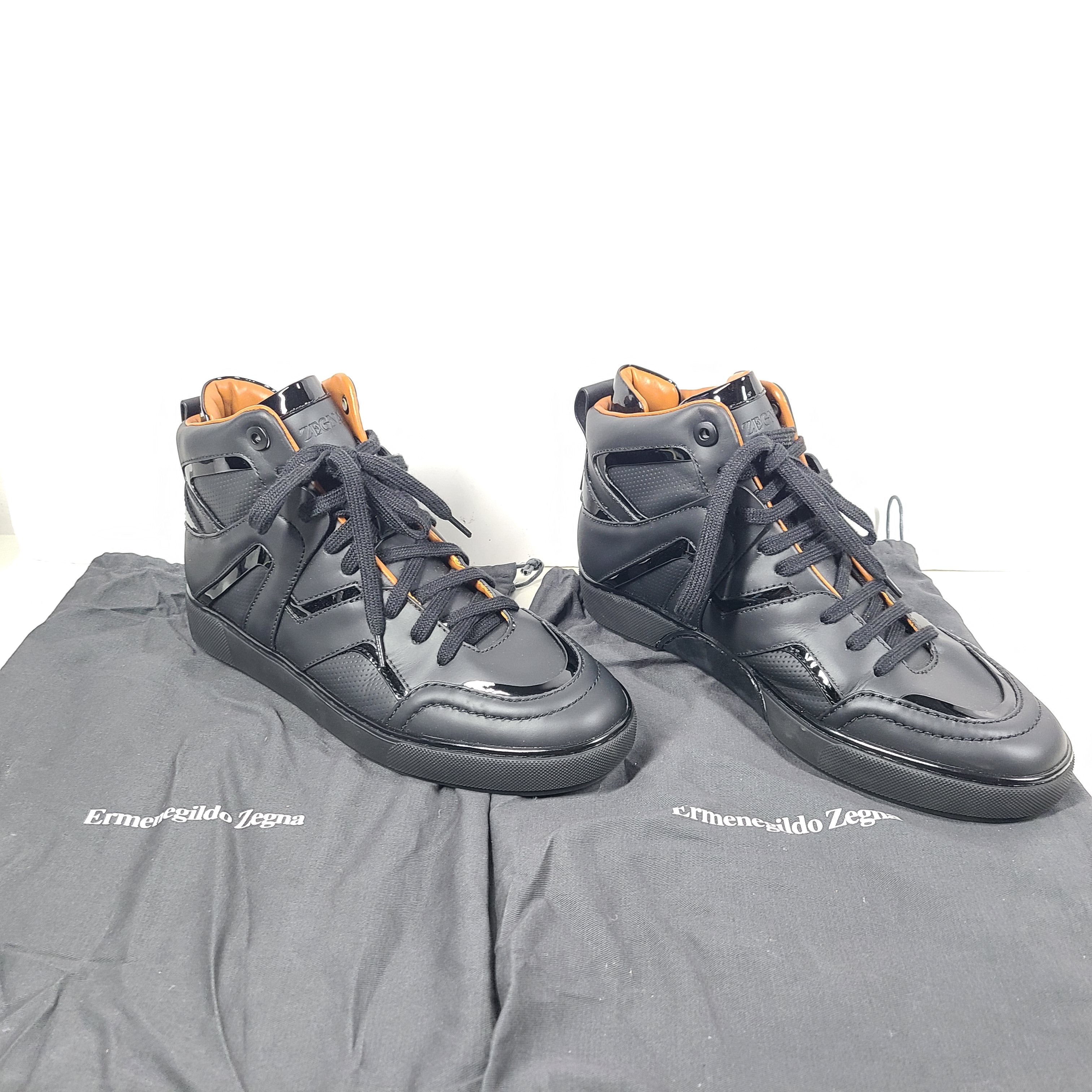 Ermenegildo Zegna A5212X black and orange sneakers in US size 11 with branded tongue and sole.