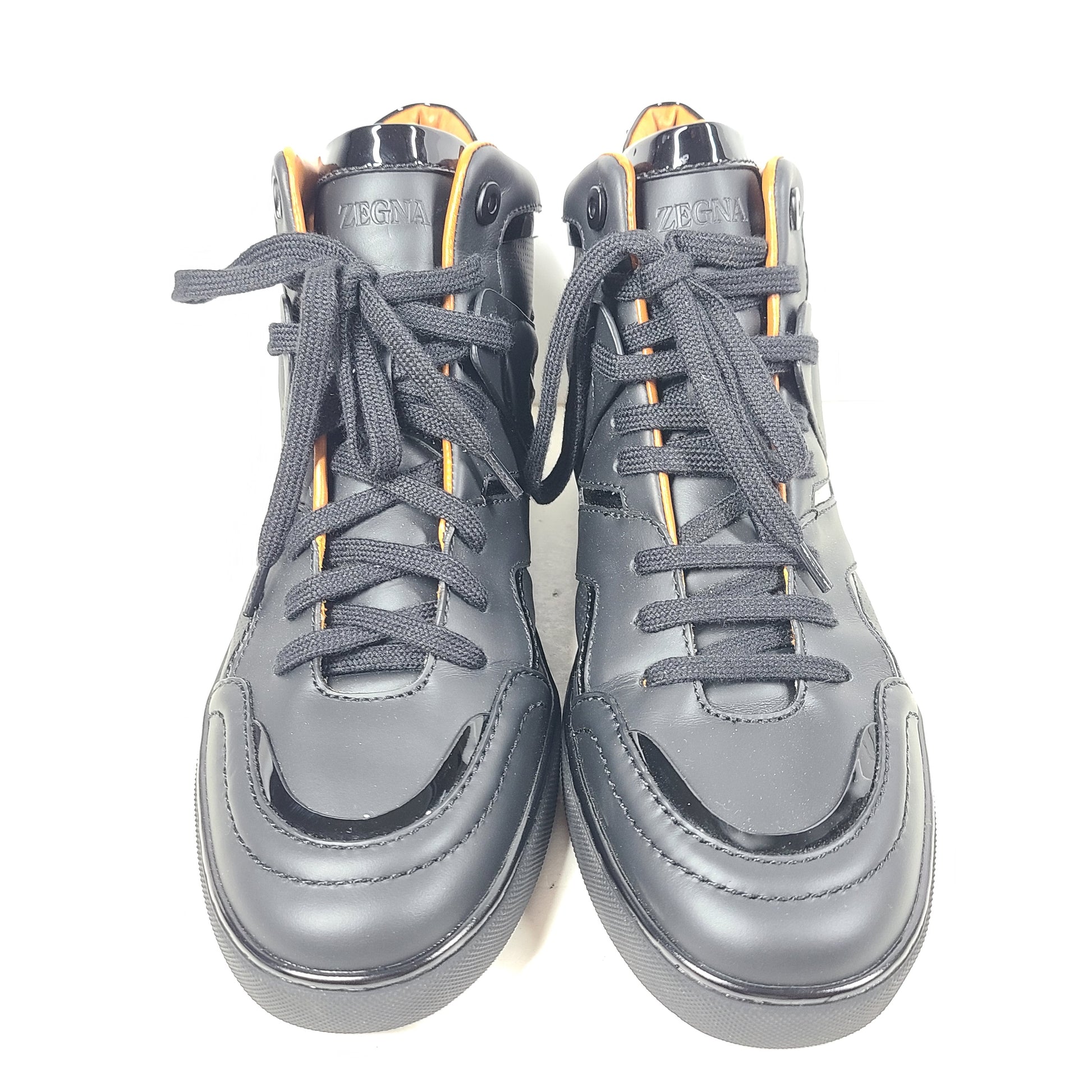 Ermenegildo Zegna A5212X black and orange sneakers in US size 11 with branded tongue and sole.