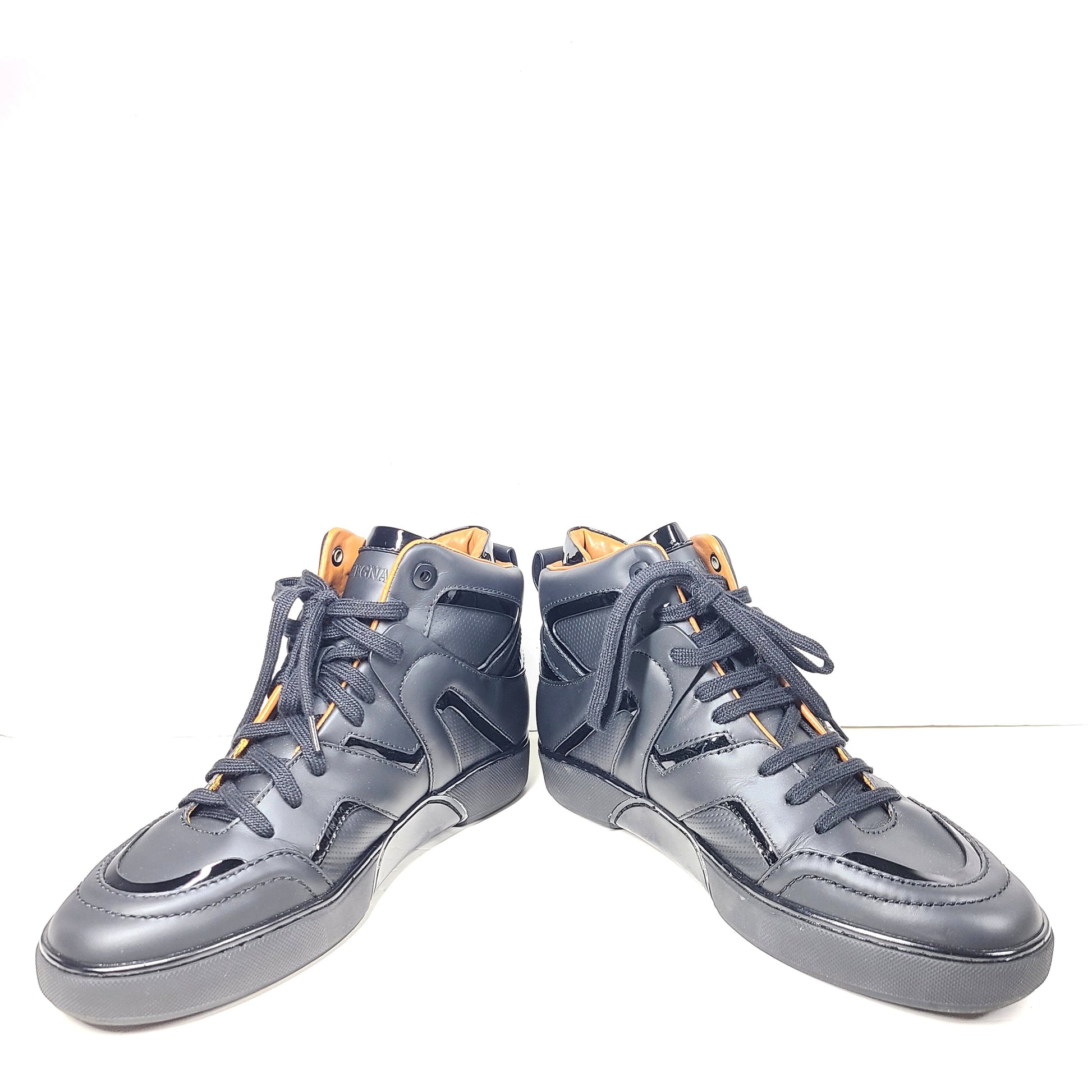 Ermenegildo Zegna A5212X black and orange sneakers in US size 11 with branded tongue and sole.
