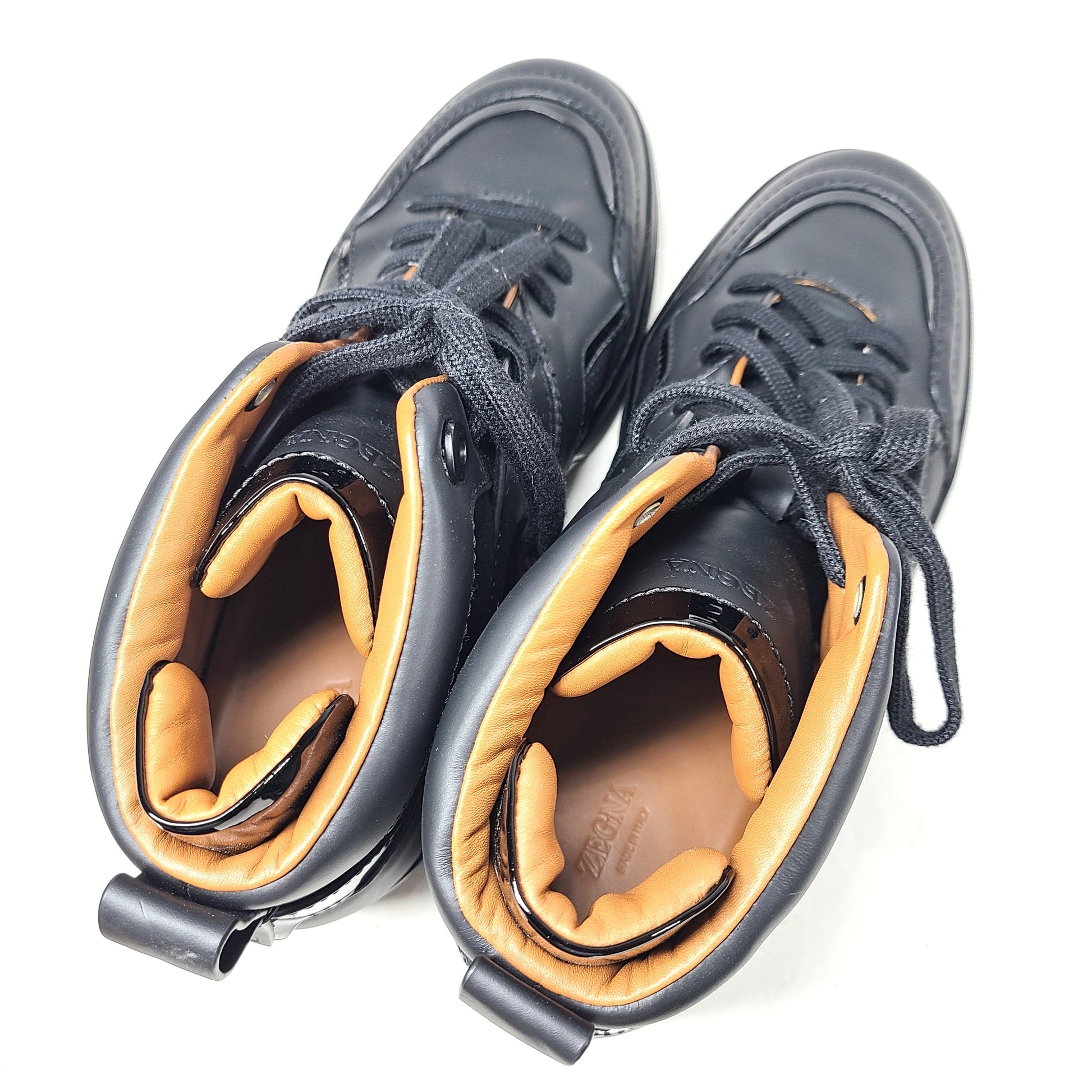 Ermenegildo Zegna A5212X black and orange sneakers in US size 11 with branded tongue and sole.