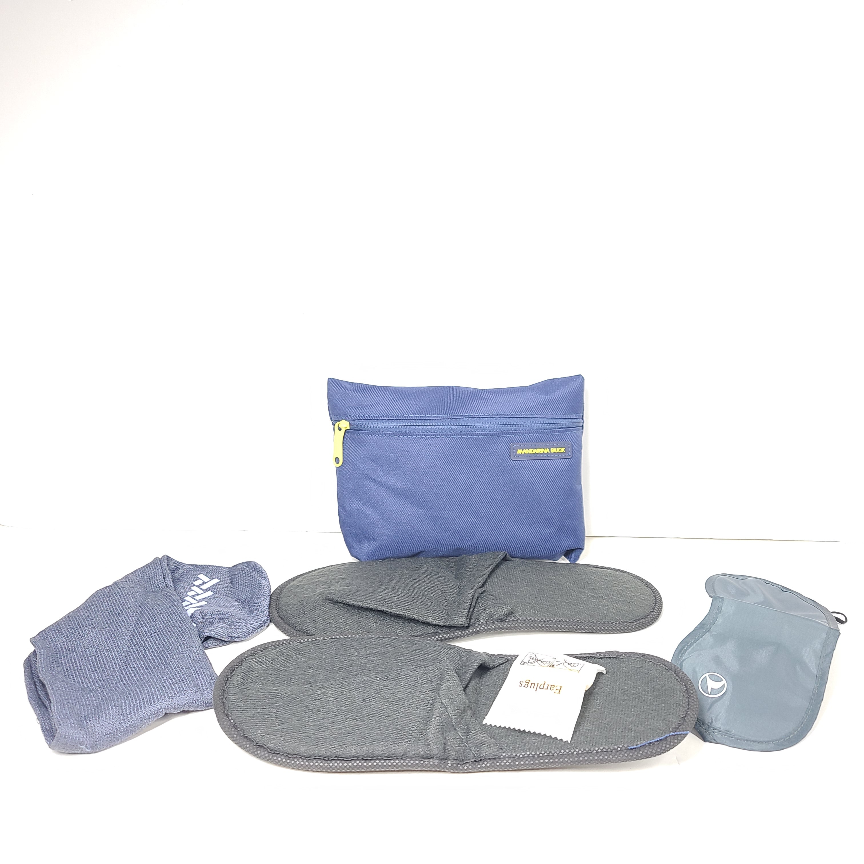 Sleek blue-gray Mandarina Duck Turkish Airlines travel kit pouch with socks, slippers, eye mask and an extra bag for compact organization.