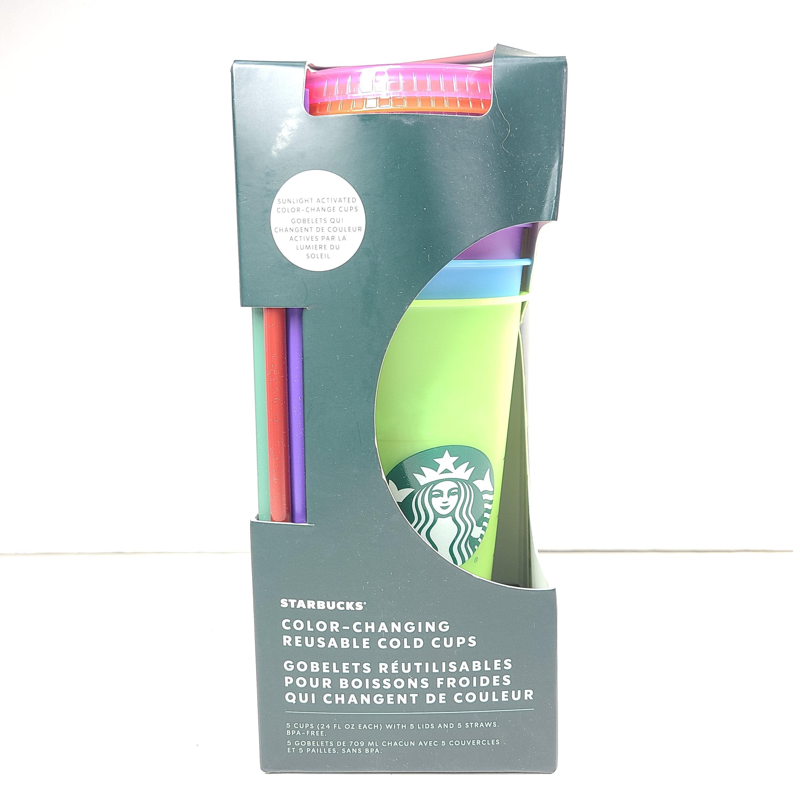 Set of five 24 oz sunlight-activated color-changing reusable cold cups in green, purple, blue, pink, and yellow with matching lids and straws.