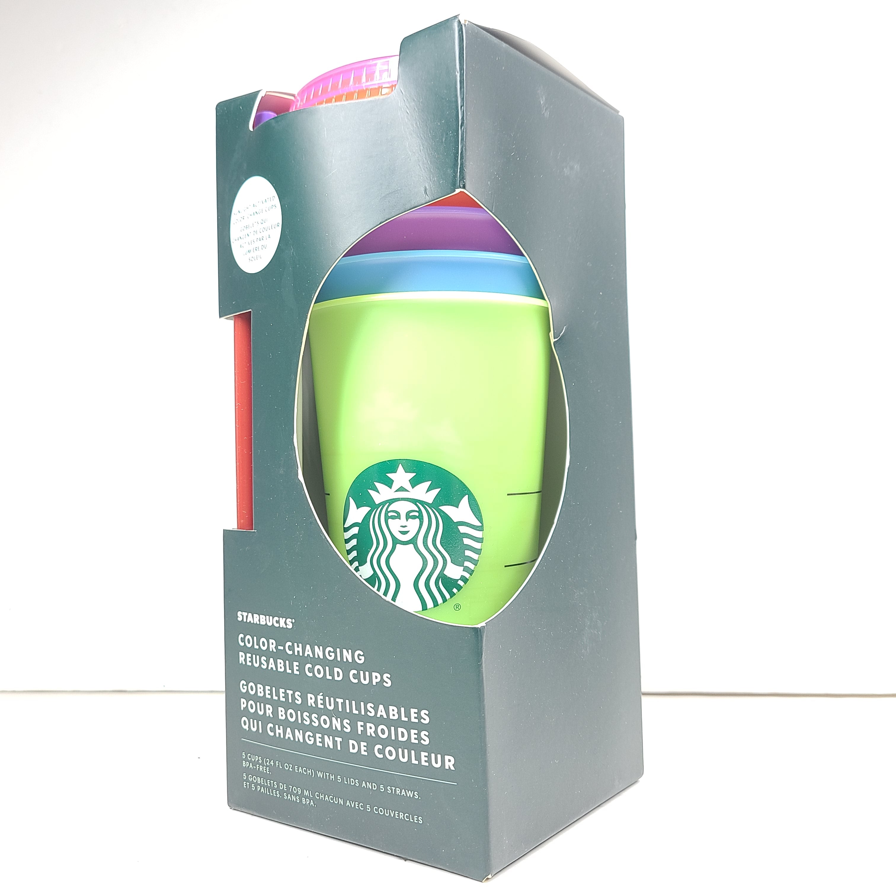 Set of five 24 oz sunlight-activated color-changing reusable cold cups in green, purple, blue, pink, and yellow with matching lids and straws.